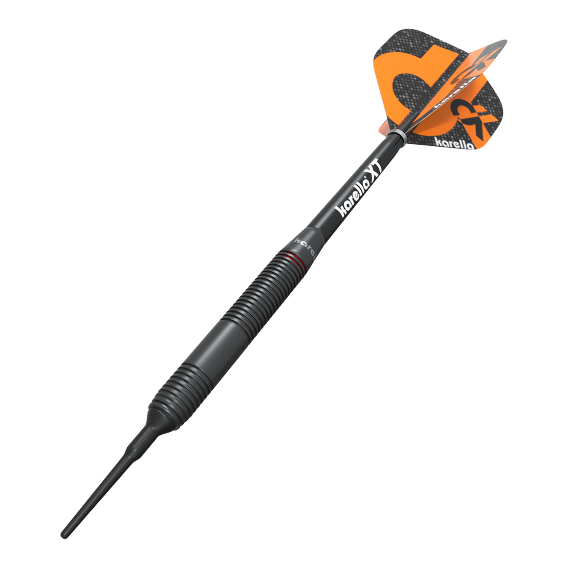 Karella Daniel Klose dardos suaves Auf dem Bild ist der Karella Daniel Klose Softdart zu sehen. Der Dartpfeil hat ein schwarzes Gehäuse mit orangenen Flights und dem Karella-Logo.