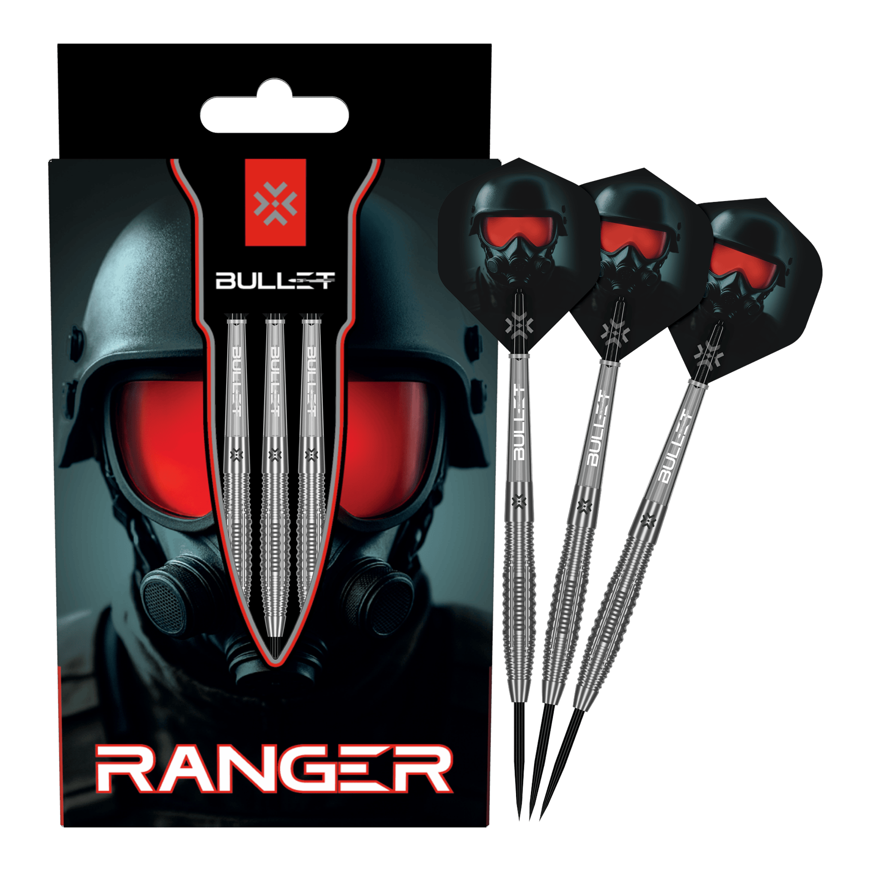 Auf dem Bild ist das vollständige Set der Bullet Ranger Steeldarts zu sehen. Die Steeldarts werden für Präzisionswürfe verwendet.