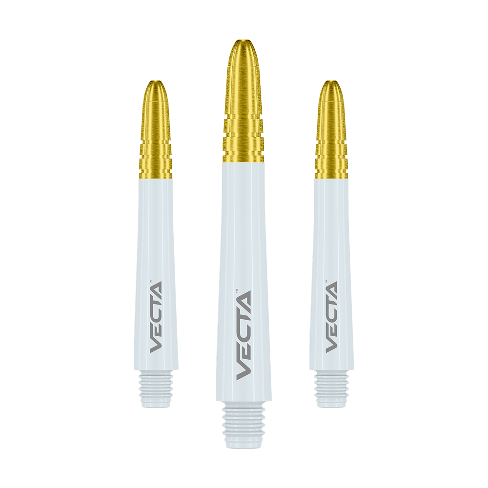 Winmau Vecta Shafts - Weiß Gold Das Bild zeigt drei Dartschäfte mit goldfarbenem Kopf und weißem Körper. Auf jedem Schaft steht das Wort "VECTA" in grauer Schrift.