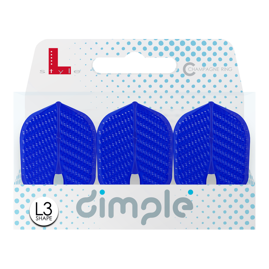L-Style Flights Dimple Champagne L3PRO Shape Das Bild zeigt eine Verpackung mit drei blauen L-Style Flights Dimple in L3PRO Form. Auf der Verpackung steht „dimple“ und es ist das L3 Shape Symbol abgebildet.