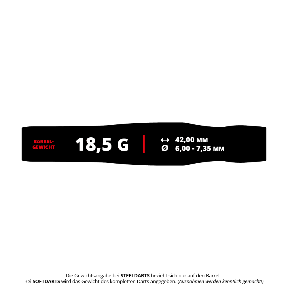 Dardos blandos Target Japan Crux Brave - 18,5 g Das Bild zeigt die Produktdaten der "Target Japan Crux Brave Softdarts - 18,5g". Es werden das Barrelgewicht von 18,5 g, die Länge von 42,00 mm und der Durchmesser von 6,00 - 7,35 mm angezeigt.