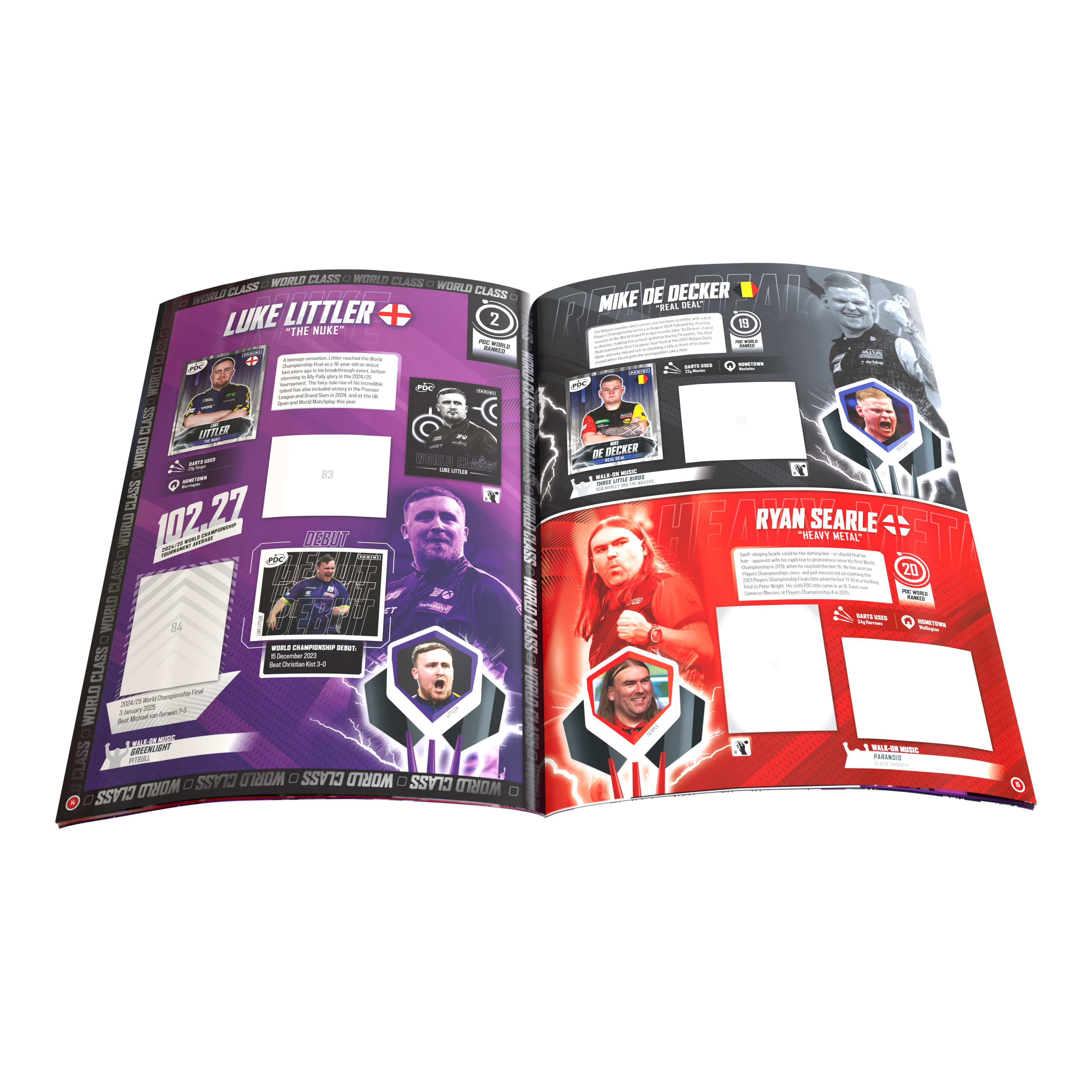 Das Bild präsentiert das Panini PDC World Darts Championship 2025/26 Sticker Softcover Sammelalbum. Mit diesem Album können Fans Sticker der Dart-Weltmeisterschaft sammeln und ordnen.