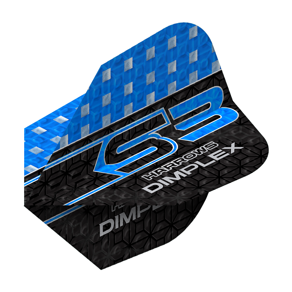 Vuelos Harrows Dimplex S3 - Azul Das Bild zeigt ein Harrows Dimplex S3 Flight in Blau. Das Flight hat ein blau-schwarzes Design mit silbernen Akzenten und der Aufschrift "S3 Harrows Dimplex".