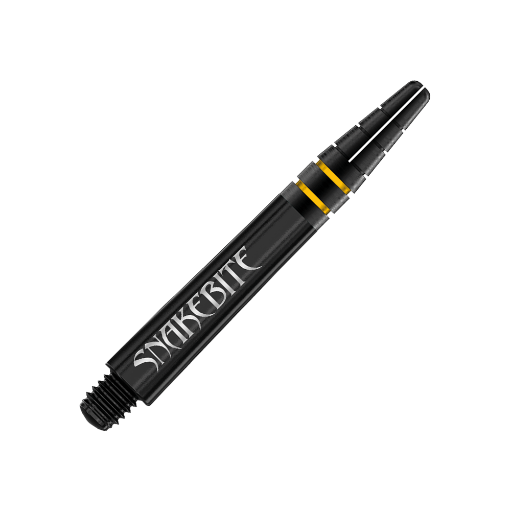 C722_Red_Dragon_Nitrotech_Peter_Wright_Black_Gold_Shafts_36mm_2 Das Bild zeigt einen schwarzen Dart-Schaft mit der Aufschrift „SNAKEBITE“. Der Schaft hat zwei goldene Ringe als Akzent.