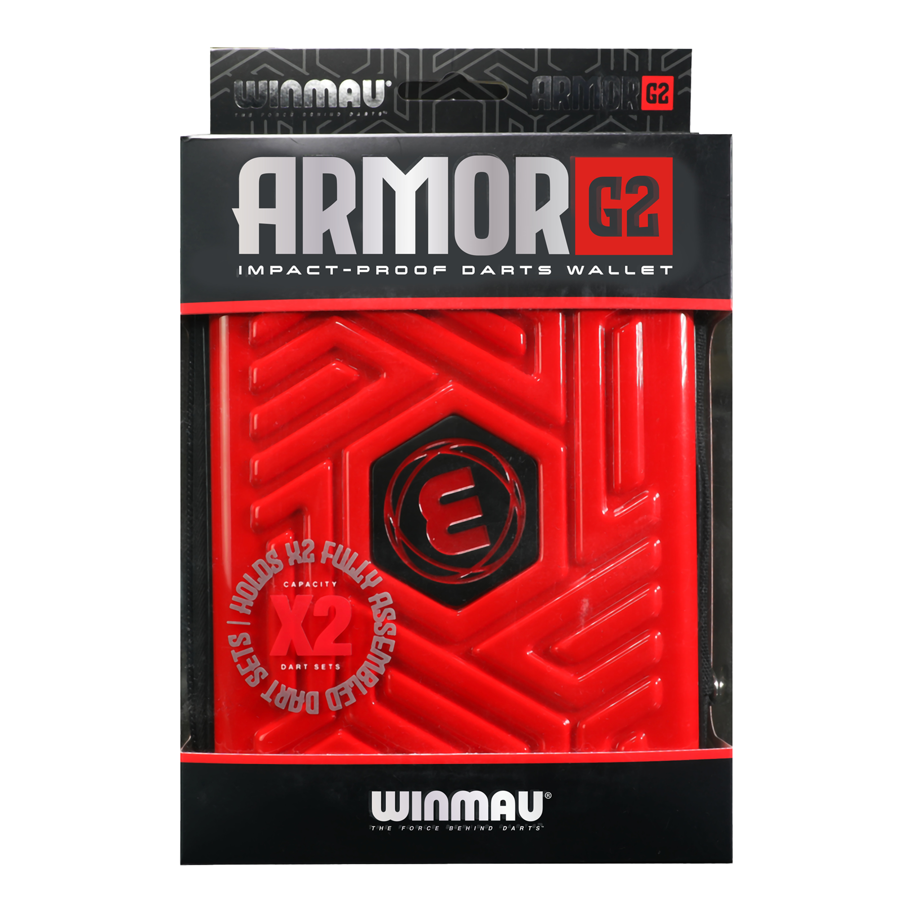 Das Bild zeigt eine rote, stoßfeste Darttasche der Marke Winmau namens "Armor G2". Die Verpackung informiert, dass sie zwei vollständig montierte Dart-Sets aufnehmen kann.