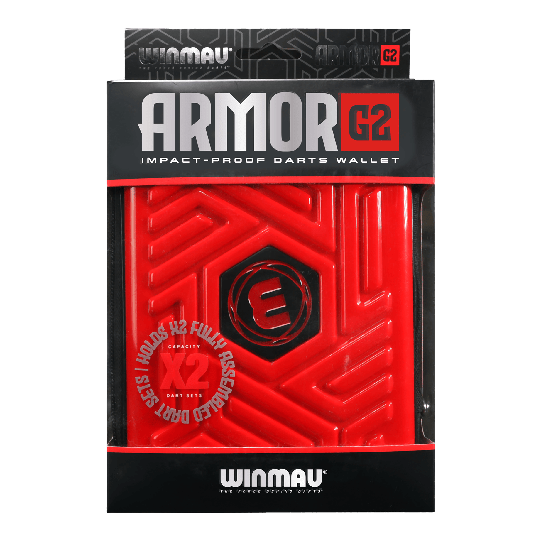 Cartera para dardos Winmau Armor G2 Das Bild zeigt eine rote, stoßfeste Darttasche der Marke Winmau namens "Armor G2". Die Verpackung informiert, dass sie zwei vollständig montierte Dart-Sets aufnehmen kann.
