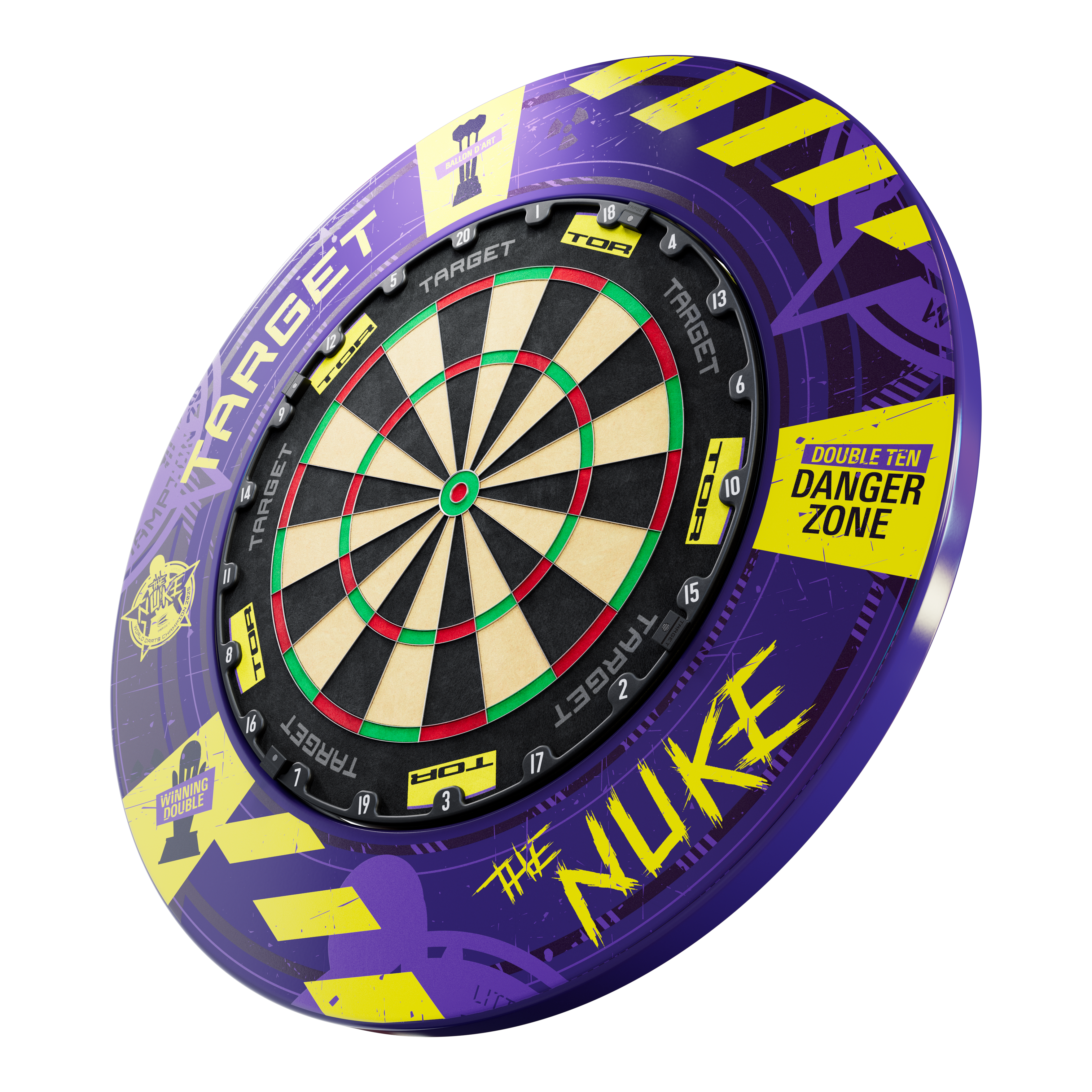 Das Bild zeigt das Produkt „Target Luke Littler World Champion 2025 Surround Tor Steeldartboard Bundle“. Die Dartscheibe ist von einem auffälligen lila und gelben Surround mit Texten wie „DANGER ZONE“ und „THE NUKE“ umgeben.