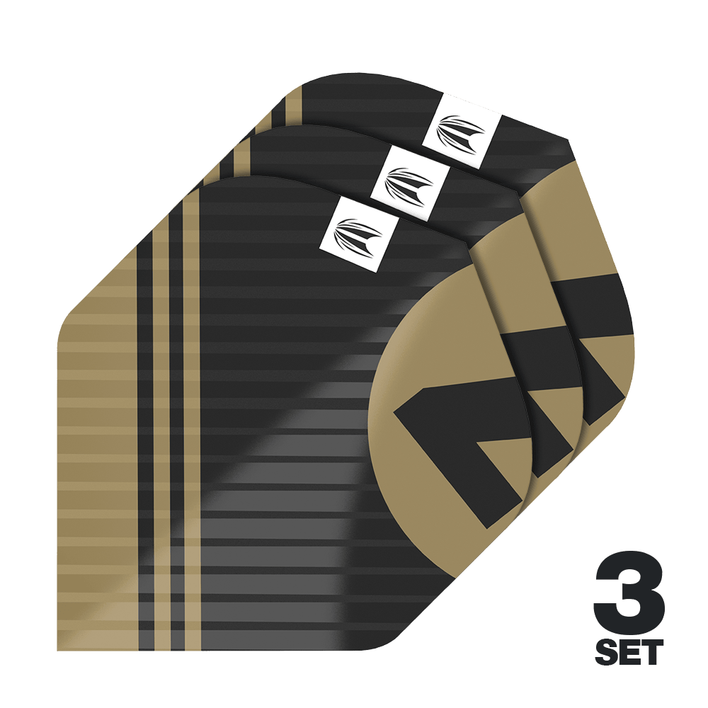 Plumas estándar Target Pro Ultra Chicane Black No2 - 3 juegos Das Bild zeigt drei Sätze von Target Pro Ultra Chicane Black No2 Standard Flights. Die Flights sind schwarz-gold gestreift und besitzen ein modernes Design mit einem weißen Logo.