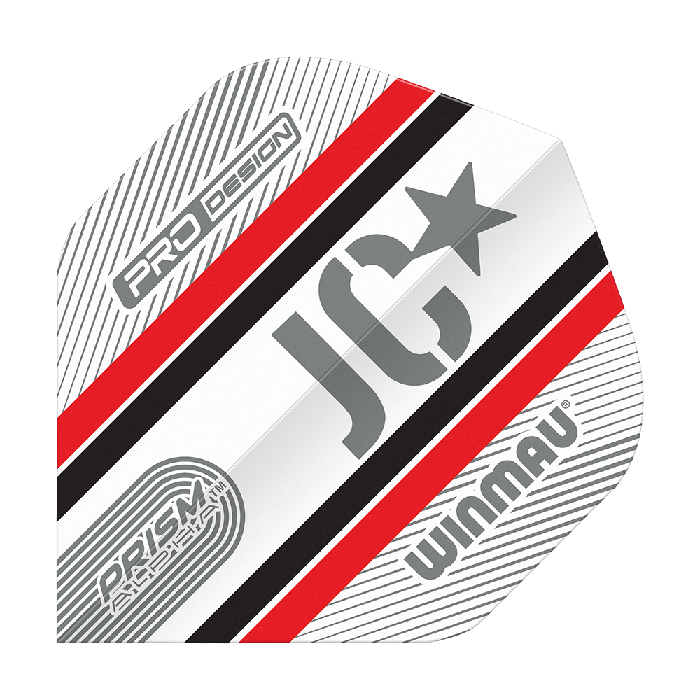 Winmau Alpha Joe Cullen Cullen 85 Vuelos estándar Das Bild zeigt ein Winmau Alpha Joe Cullen 85 Standard Flight für Dartpfeile. Das Flight ist weiß mit roten, schwarzen und grauen Streifen sowie den Aufdrucken "JC", "PRO DESIGN" und "WINMAU".