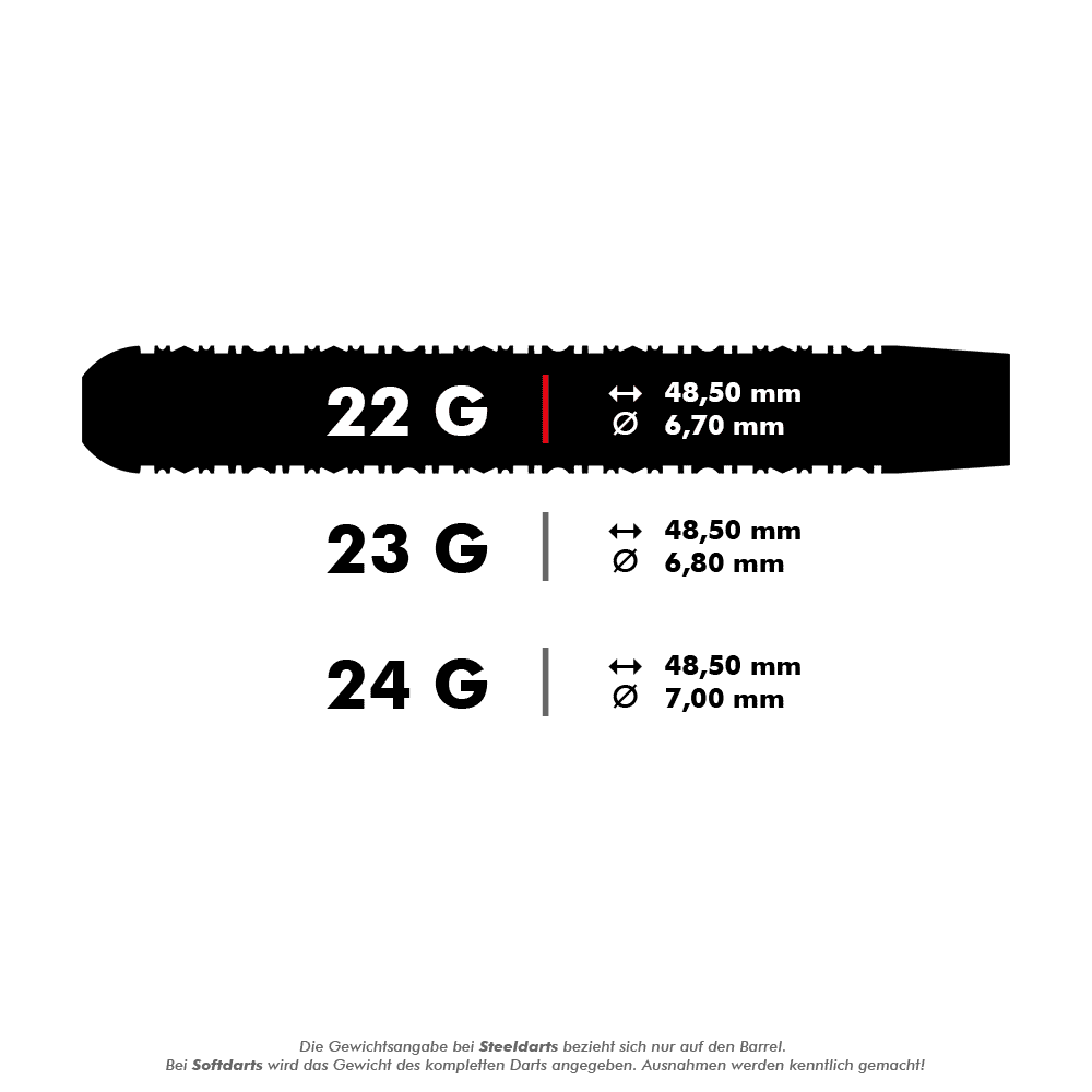 190209_Target_Rob_Cross_Black_Edition_2023_Swiss_Point_Steeldarts_5_22g Das Bild zeigt die technischen Daten eines Steeldarts mit einem Gewicht von 22 Gramm. Die Länge beträgt 48,50 mm und der Durchmesser 6,70 mm.