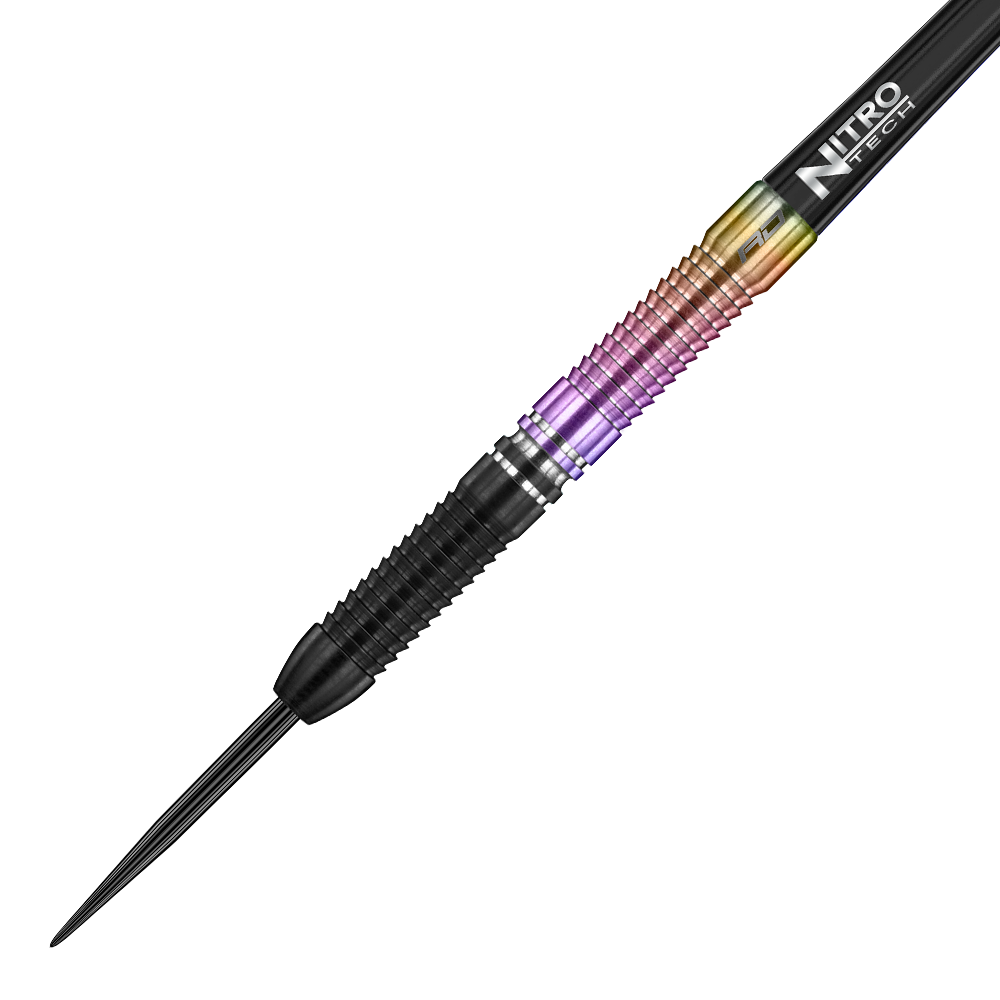 RD2173_RedDragon_Peter-Wright_Snakebite_World_Champion_2020_Edition_Steeldarts_2 Das Bild zeigt einen modernen Steeldart mit farbigen Ringen und schwarzer Spitze. Auf dem Schaft steht "NITRO TECH" geschrieben.