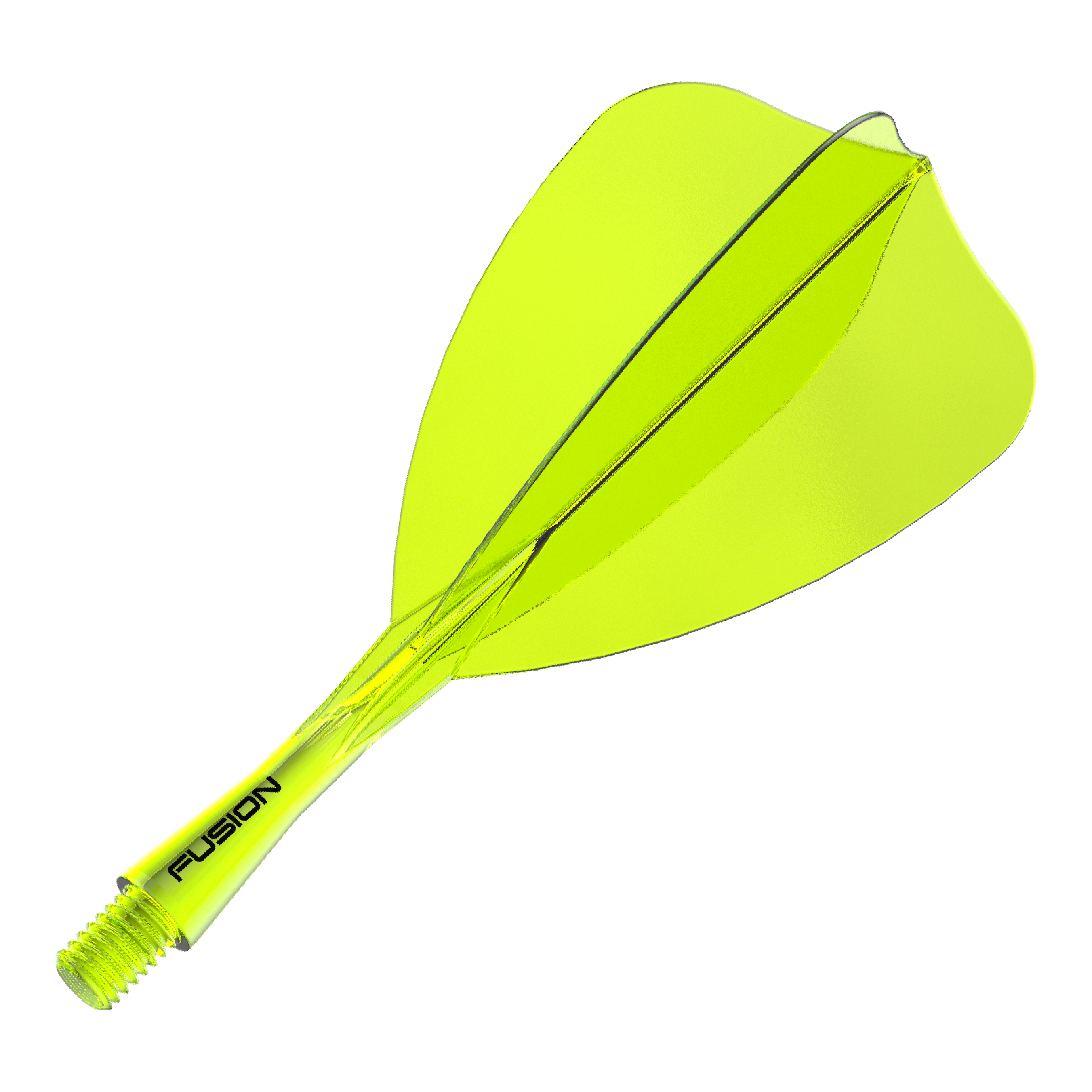 Abgebildet ist ein einzelner neon-gelber Dart-Schaft und -Flight des Winmau Fusion Flight Shaft Systems Arrow 22mm. Dieses Zubehör ist für den Dartsport geeignet.
