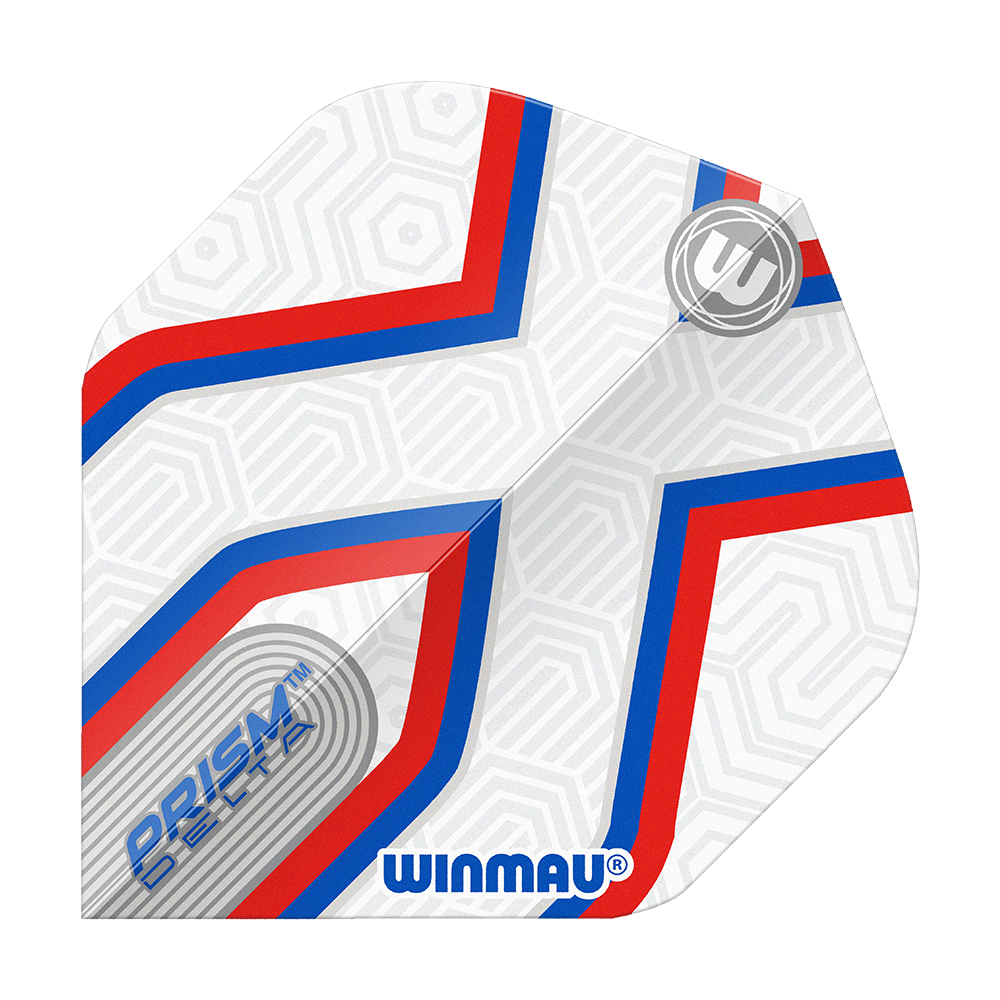 Vuelos estándar Winmau Prism Delta Epix No2 Das Bild zeigt ein Winmau Prism Delta Epix No2 Standard Flights Dartflugblatt. Es ist weiß mit roten und blauen Linien und dezentem geometrischem Muster gestaltet.