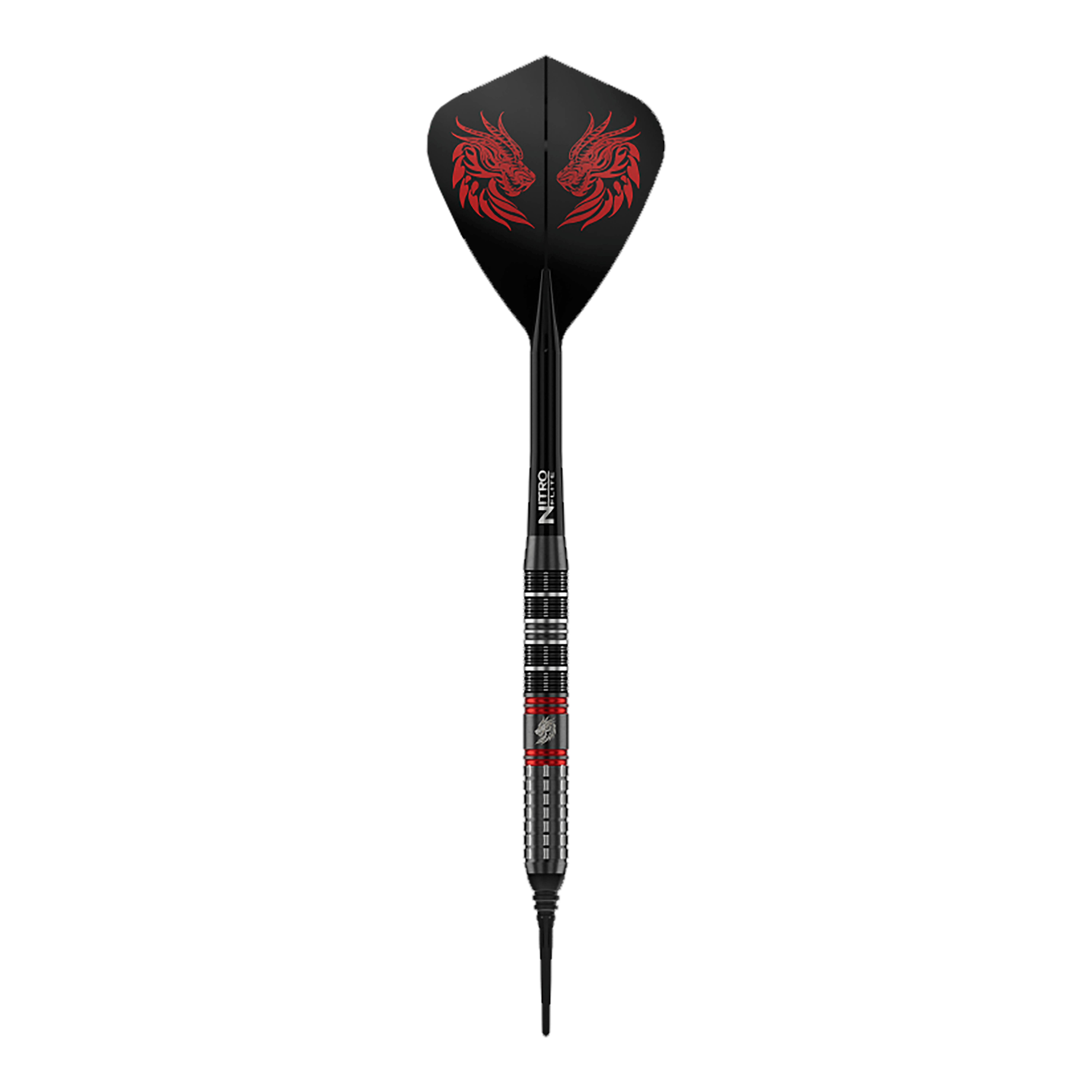 Dieses Bild zeigt einen einzelnen Red Dragon Jonny Clayton RD-ULTRA Softdart mit 18g. Zu sehen sind silberne, schwarze und rote Elemente sowie ein auffälliger Flight.