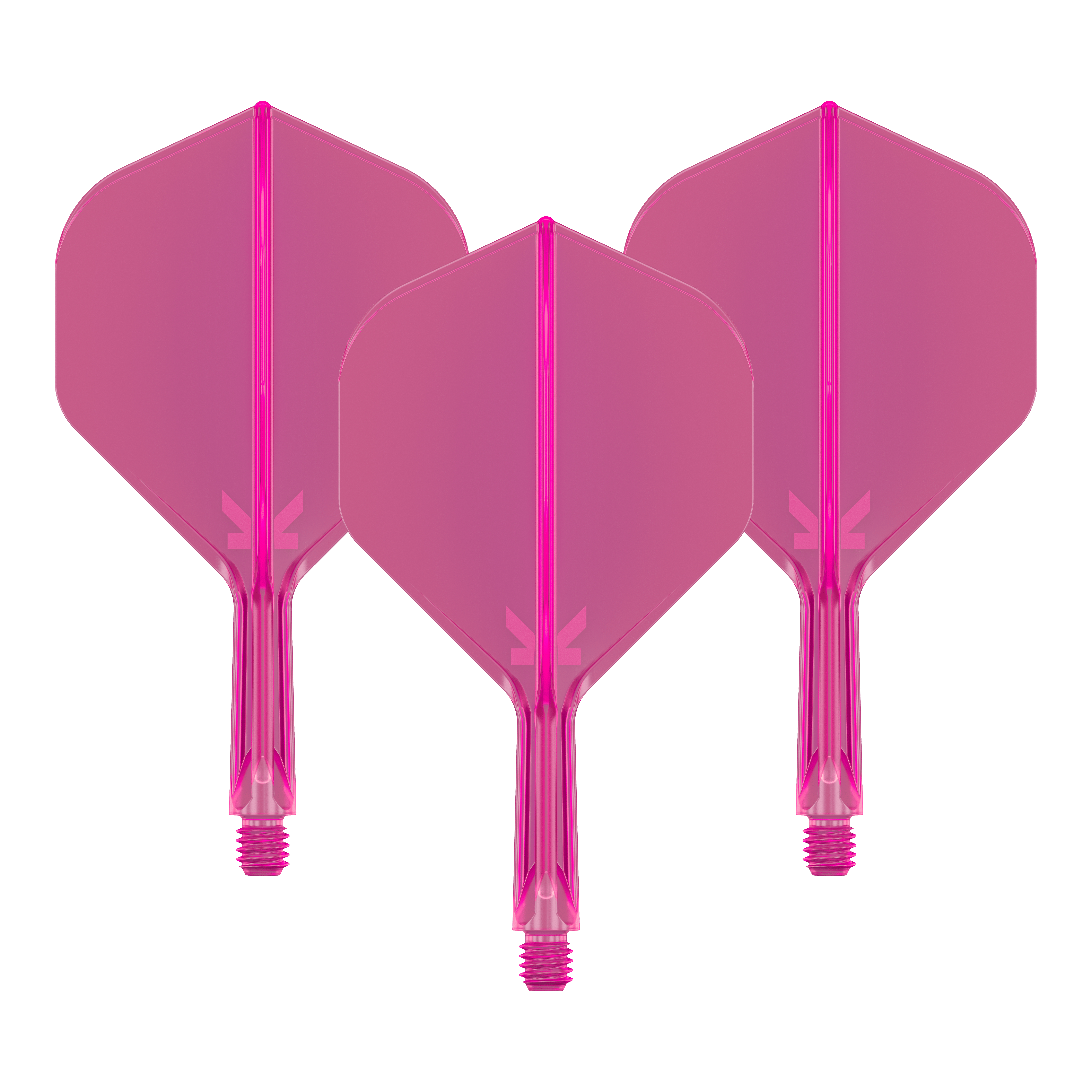 Sistema de vuelo estándar Target K-Flex No2 - Rosa neón Das Bild zeigt drei pinkfarbene Dart-Flights mit Schäften. Sie sind nebeneinander angeordnet und haben eine neonpinke Farbe.