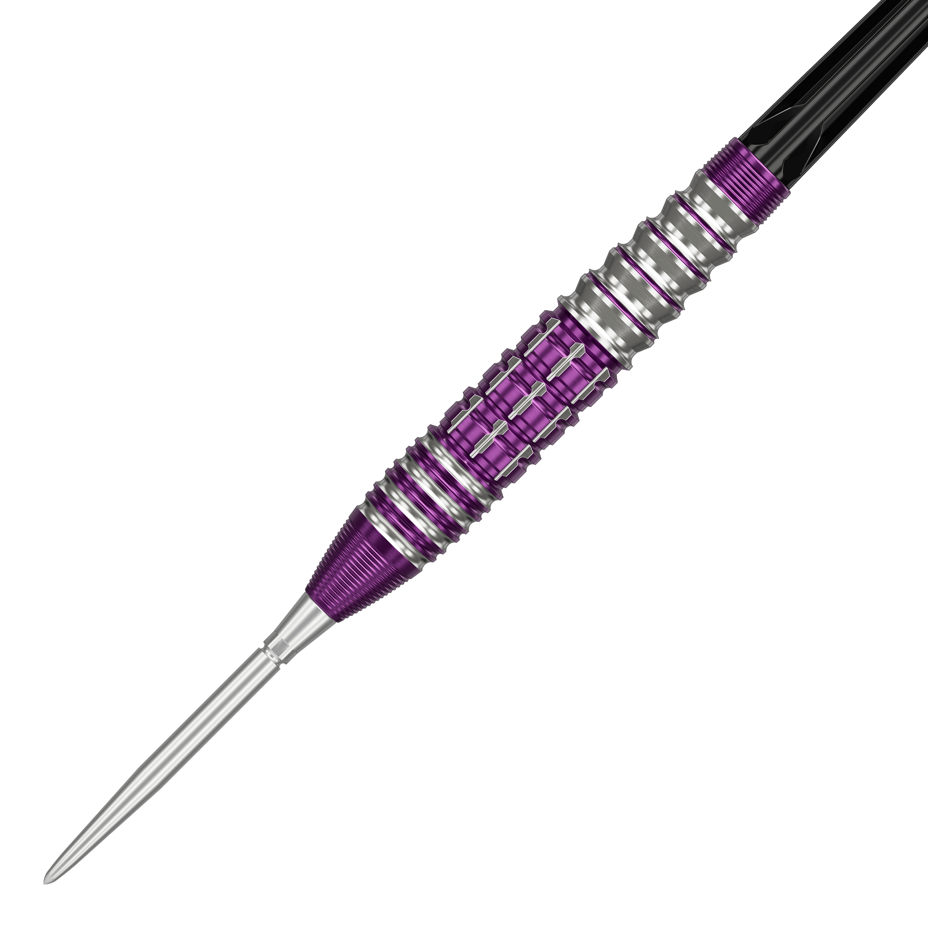 Dardos de acero Target Japan Prime Series Tung Suk Zenith GEN1 Swiss Point - 23 g Das Bild zeigt einen Target Japan Prime Series Tung Suk Zenith GEN1 Swiss Point Steeldart mit 23g Gewicht. Der Dart hat ein auffälliges Design mit silbernen und lila Elementen am Griff.