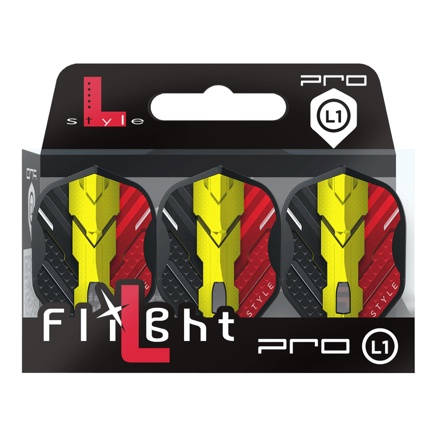 Vuelos L-Style V-Series V1 Tipo C Bélgica Negro L1PRO Das Bild zeigt eine Packung mit drei Dart-Flights der Marke L-Style, Modell V-Series V1 Type C Belgium Black L1PRO. Die Flights haben ein Design in den Farben Schwarz, Rot und Gelb, inspiriert von der belgischen Flagge.