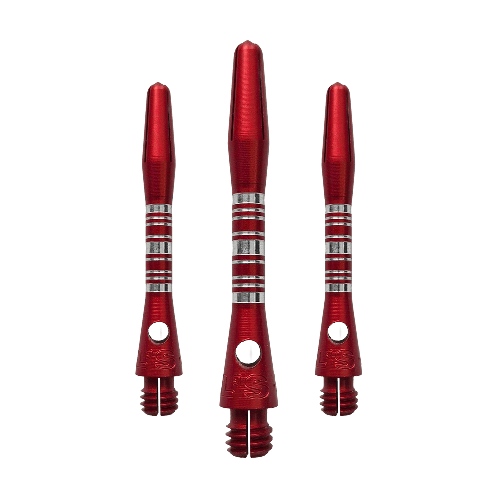 Ejes de aluminio Bulls NL Supra - Rojo - 34 mm Dieses Bild zeigt die Bulls NL Supra Aluminium Shafts in Rot, 34 mm lang, als Set. Die Schäfte sind robust und ideal für Dartspieler.