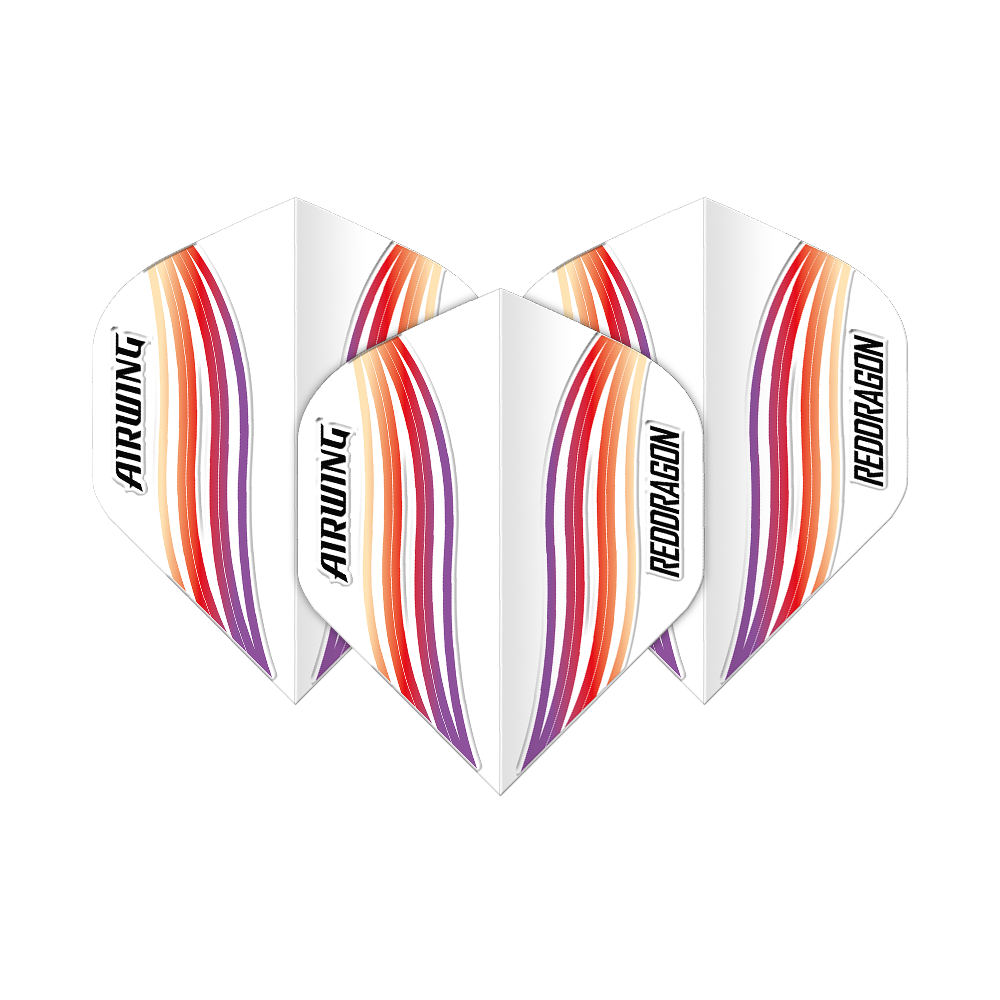 Vuelos estándar Red Dragon Airwing Red Wave Das Bild zeigt drei Dart-Flights mit dem Namen "Red Dragon Airwing Red Wave Standard Flights". Sie sind weiß mit roten, orangen und violetten Wellenlinien und der Aufschrift "AIRWING" und "REDDRAGON".