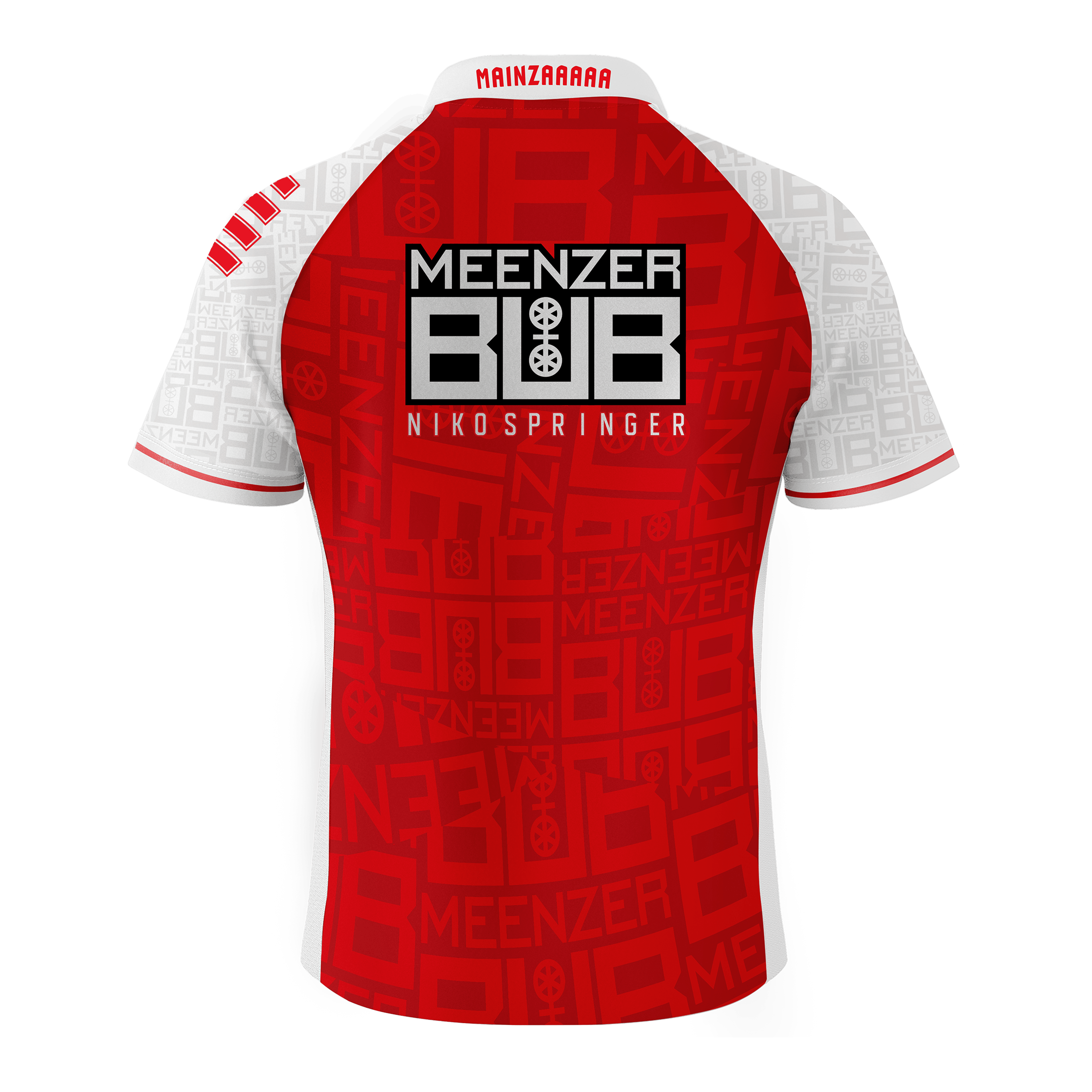 Das Bild zeigt ein Dartshirt mit der Aufschrift "Meenzer Bub Nikospringer" auf dem Rücken. Das Shirt ist überwiegend rot mit weißen Ärmeln und auffälligen Mustern.