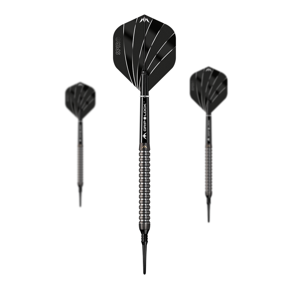 Dardos blandos Mission Spiro Modelo 1 - 20 g Auf dem Bild sind drei Softdarts des Modells "Mission Spiro Model 1" mit einem Gewicht von 20g zu sehen. Die Darts sind schwarz und silbern mit modernen, gerillten Griffen und schwarzen Flights.