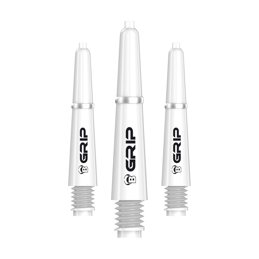 BS55089_Bulls_B-Grip-2_SL_Shafts_Weiss_28mm_1 Auf dem Bild sind drei weiße Dartschäfte des Modells "Bulls B-Grip-2 SL" zu sehen. Sie sind schlank geformt und tragen den schwarzen Schriftzug "GRIP" auf der Seite.