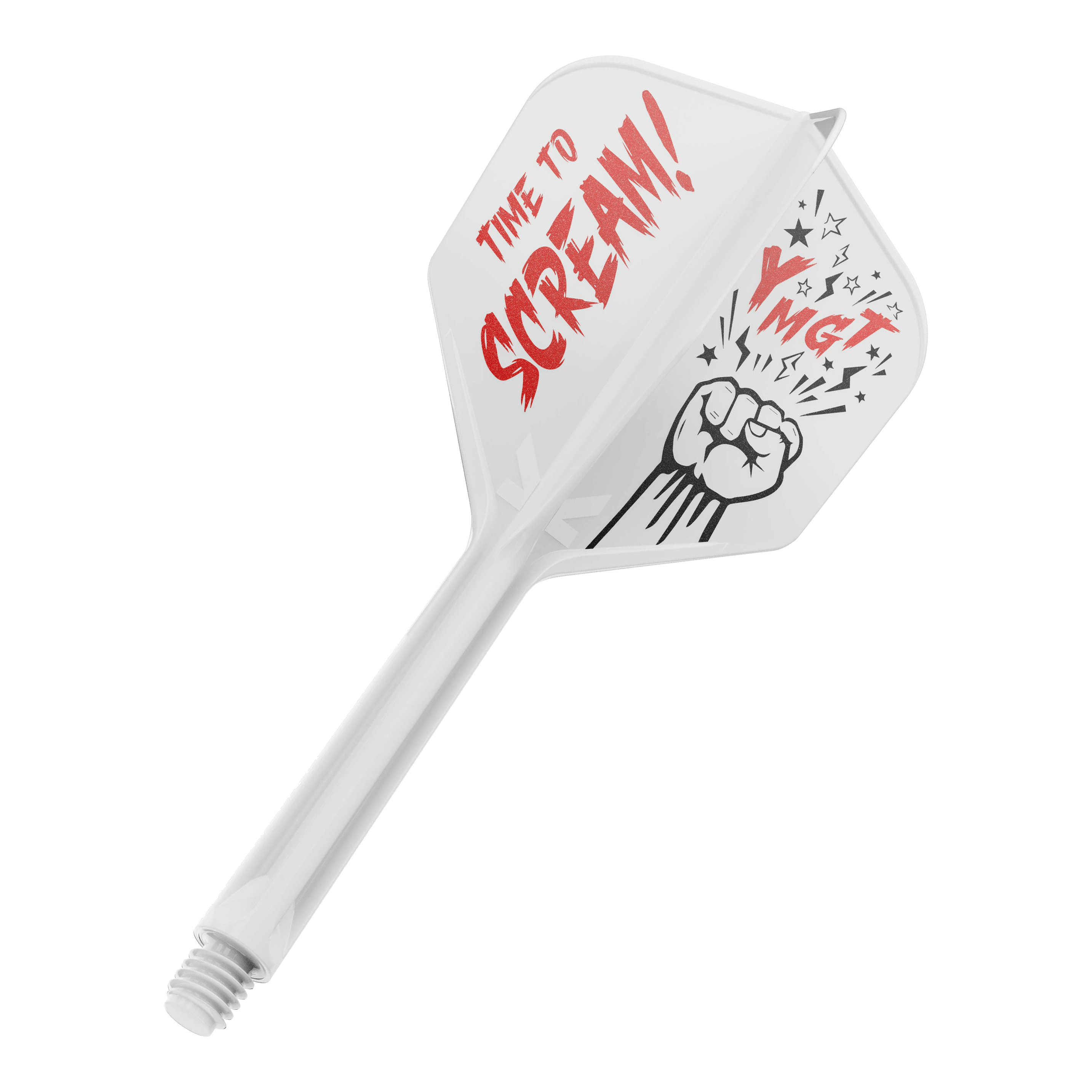 Sistema de eje de vuelo Target Japan K-Flex Scream No6 Auf dem Bild ist ein weißes Dartflight mit einem dazugehörigen Schaft zu sehen. Auf dem Flight steht in roten Buchstaben "TIME TO SCREAM!" und daneben ist eine Faust mit Sternen abgebildet.