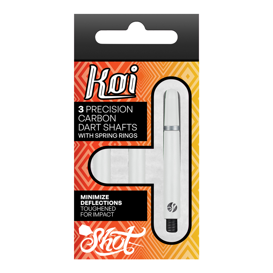 Flechas de carbono Shot Koi - Blancas Die Verpackung zeigt drei präzise Carbon-Dartschäfte mit Sprengringen der Marke Koi. Sie sind darauf ausgelegt, Ablenkungen zu minimieren und für eine hohe Schlagfestigkeit verstärkt.
