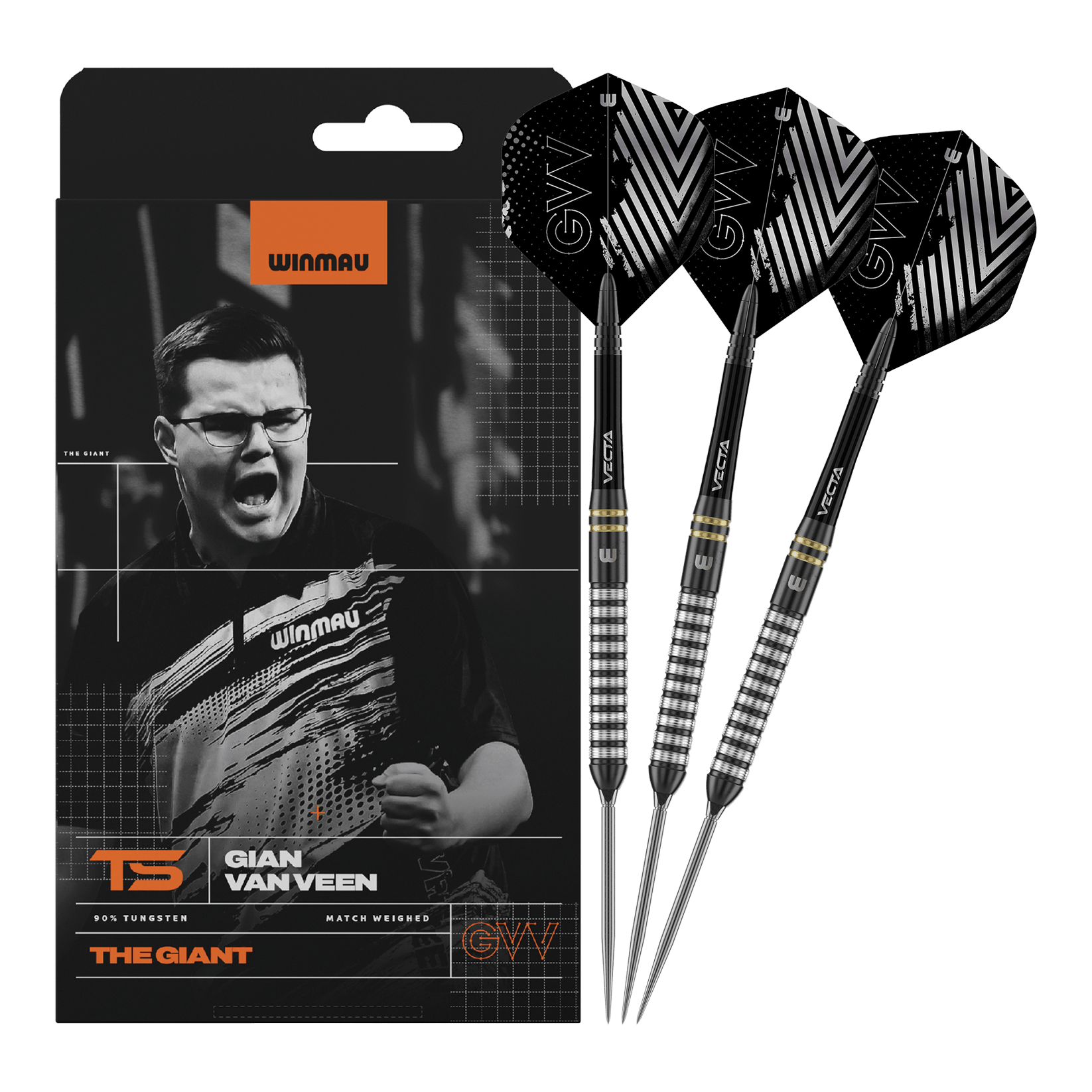 Dardos de acero Winmau Gian Van Veen TS Switch Point Abgebildet ist Winmau Gian Van Veen TS Switch Point Steeldarts. Die Darts sind vollständig nebeneinander dargestellt.