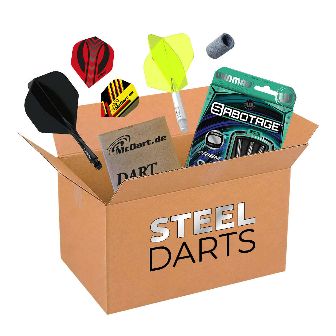 Auf dem Bild befindet sich die McDart Mystery-Box - Steeldarts. Die Box beinhaltet verschiedene Steeldarts und Zubehör.