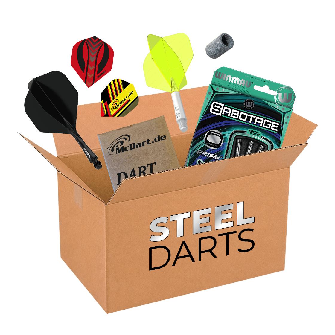 Caja misteriosa de McDart - Steeldarts Auf dem Bild befindet sich die McDart Mystery-Box - Steeldarts. Die Box beinhaltet verschiedene Steeldarts und Zubehör.