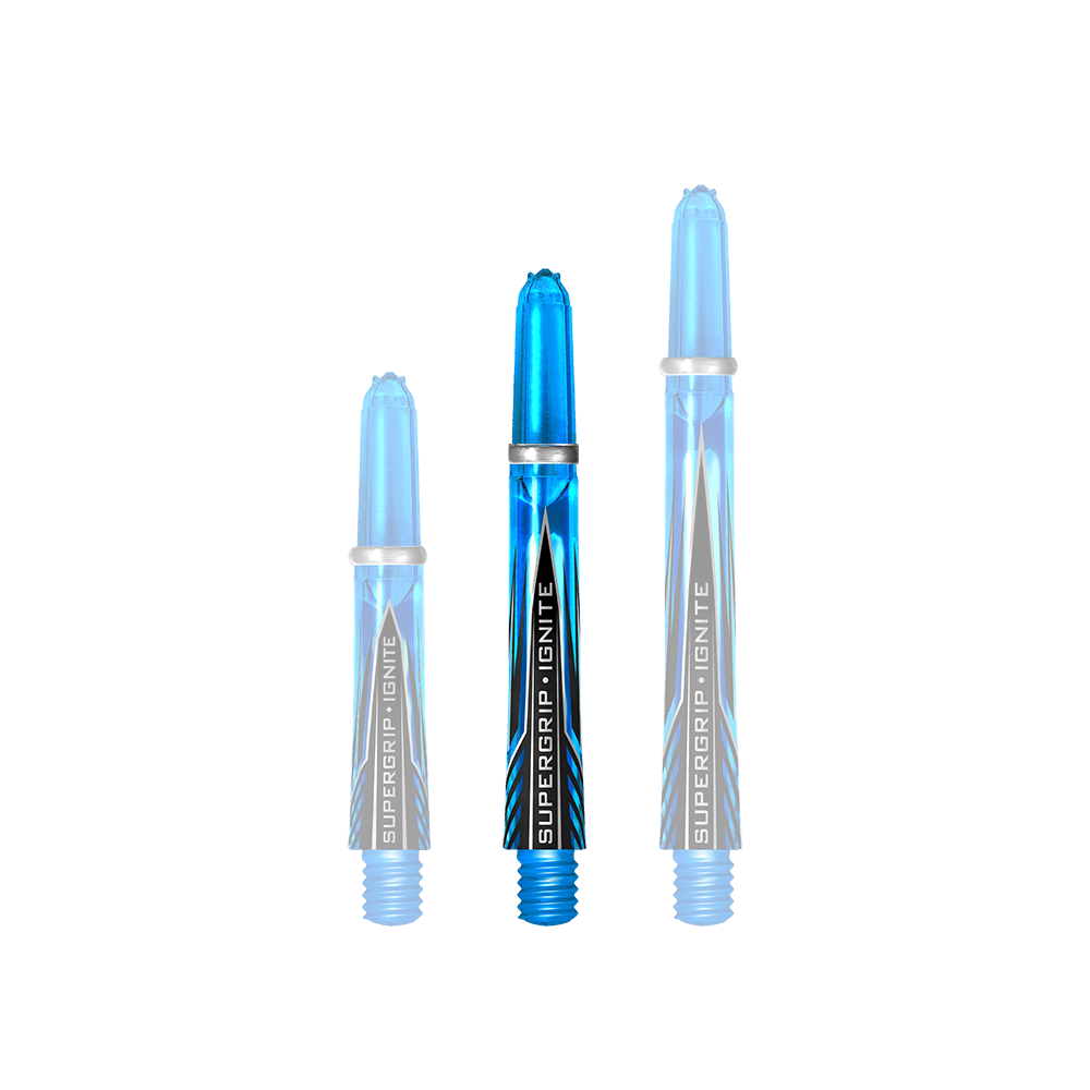 HR387_Harrows_Supergrip_Ignite_Shafts_Aqua_40mm_1 Das Bild zeigt drei blaue Harrows Supergrip Ignite Shafts in der Farbe Aqua, die nebeneinander stehen. Die Shafts sind unterschiedlich lang und haben ein modernes Design mit schwarzen und weißen Akzenten.