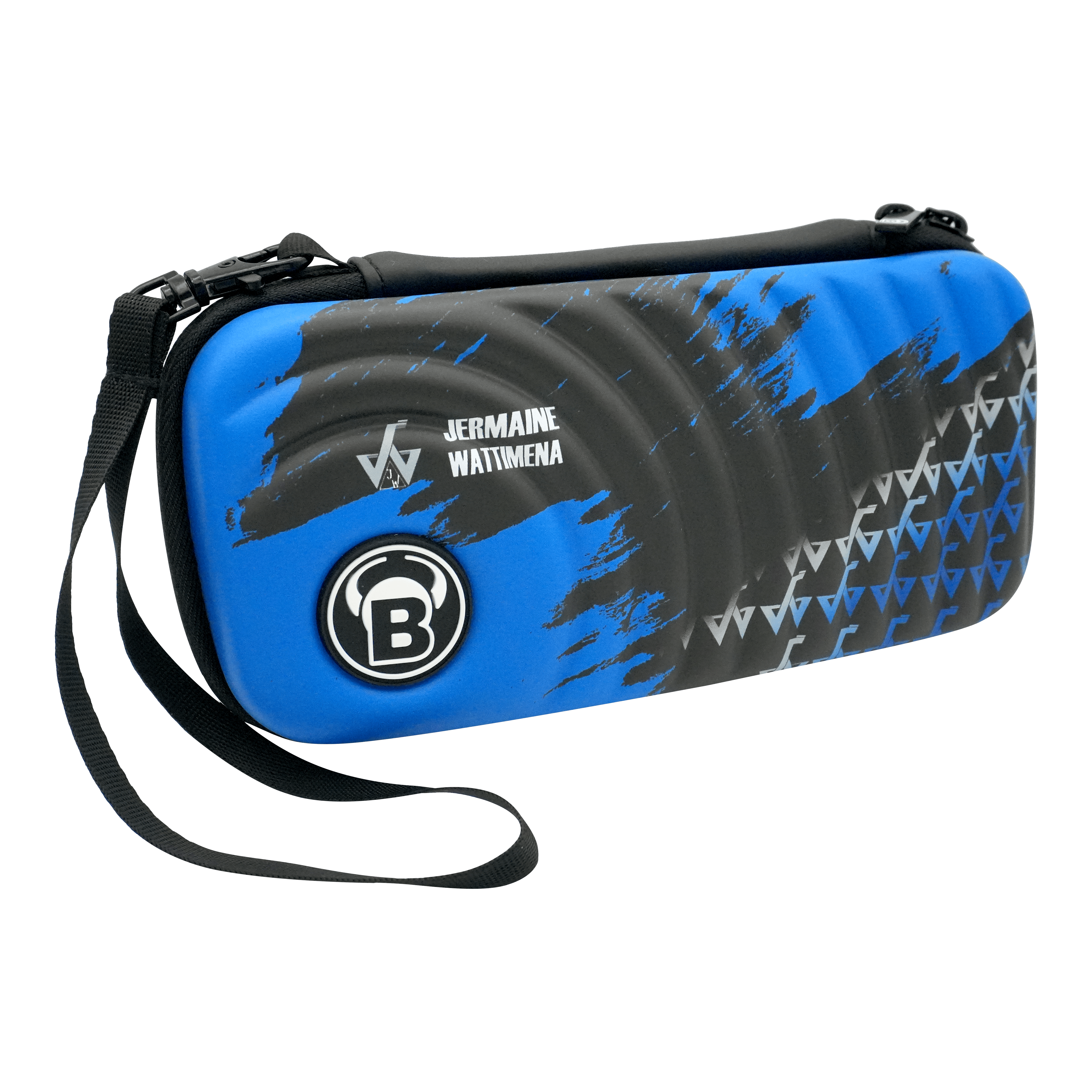 Estuche para dardos Bulls Orbis S Jermaine Wattimena Auf dem Bild ist das Bulls Orbis S Jermaine Wattimena Dartcase zu sehen. Die Darttasche ist blau-schwarz gestaltet und trägt den Namen Jermaine Wattimena.