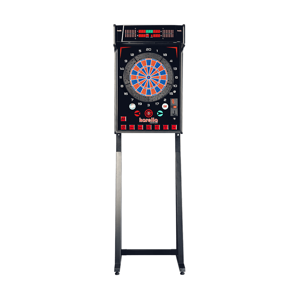 Der Karella E-MASTER Dartautomat mit Münzeinwurf ist ein moderner elektronischer Dartautomat auf einem schwarzen Standfuß. Er verfügt über ein digitales Display, bunte Bedientasten und ein klassisches Dartboard in der Mitte.