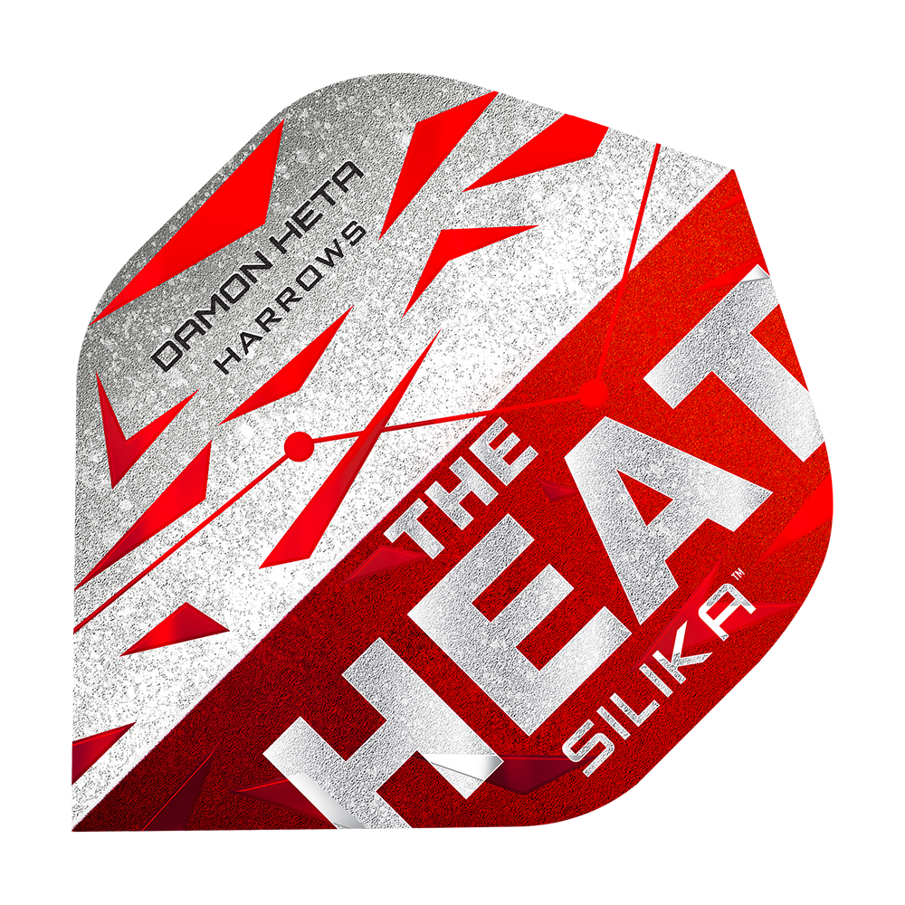 Plumas Silika Damon Heta Serie 3 de Harrow Das Bild zeigt ein Dart-Flugblatt mit dem Namen "Harrows Silika Damon Heta Series 3 Flights". Es ist in den Farben Rot, Weiß und Silber gestaltet und trägt die Aufschrift "THE HEAT SILIKA" sowie "DAMON HETA HARROWS".