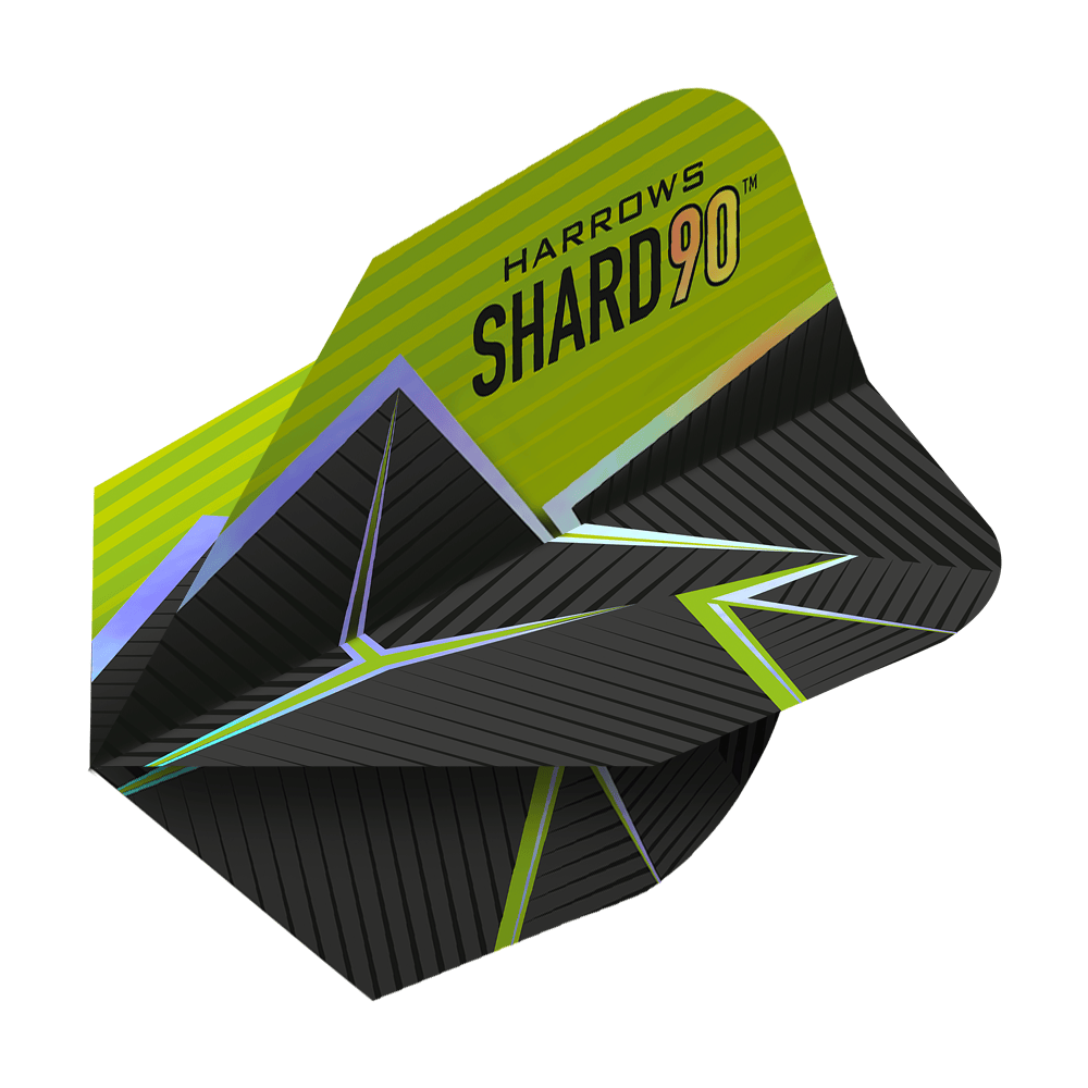 Harrows Prime Shard No6 Vuelos Das Bild zeigt das Produkt "Harrows Prime Shard No6 Flights". Die Flights haben ein modernes Design in Schwarz mit grünen und gelben Akzenten sowie geometrischen Mustern.