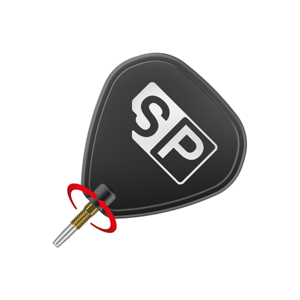 Puntas para dardos Target Swiss Point Nano - Oro Das Bild zeigt eine schwarze Dart-Flight mit der weißen Aufschrift "SP". Unten ist eine goldfarbene Dartspitze mit silberner Spitze zu sehen.