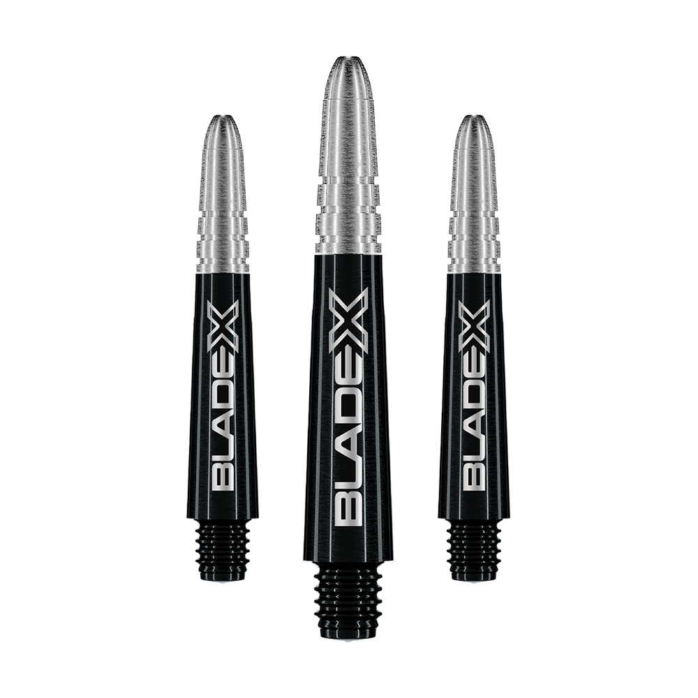 Gezeigt wird ein Set schwarzer Dartshafts mit der Bezeichnung Winmau Vecta Blade X, 34 mm. Das Set ist für Dartspieler geeignet.