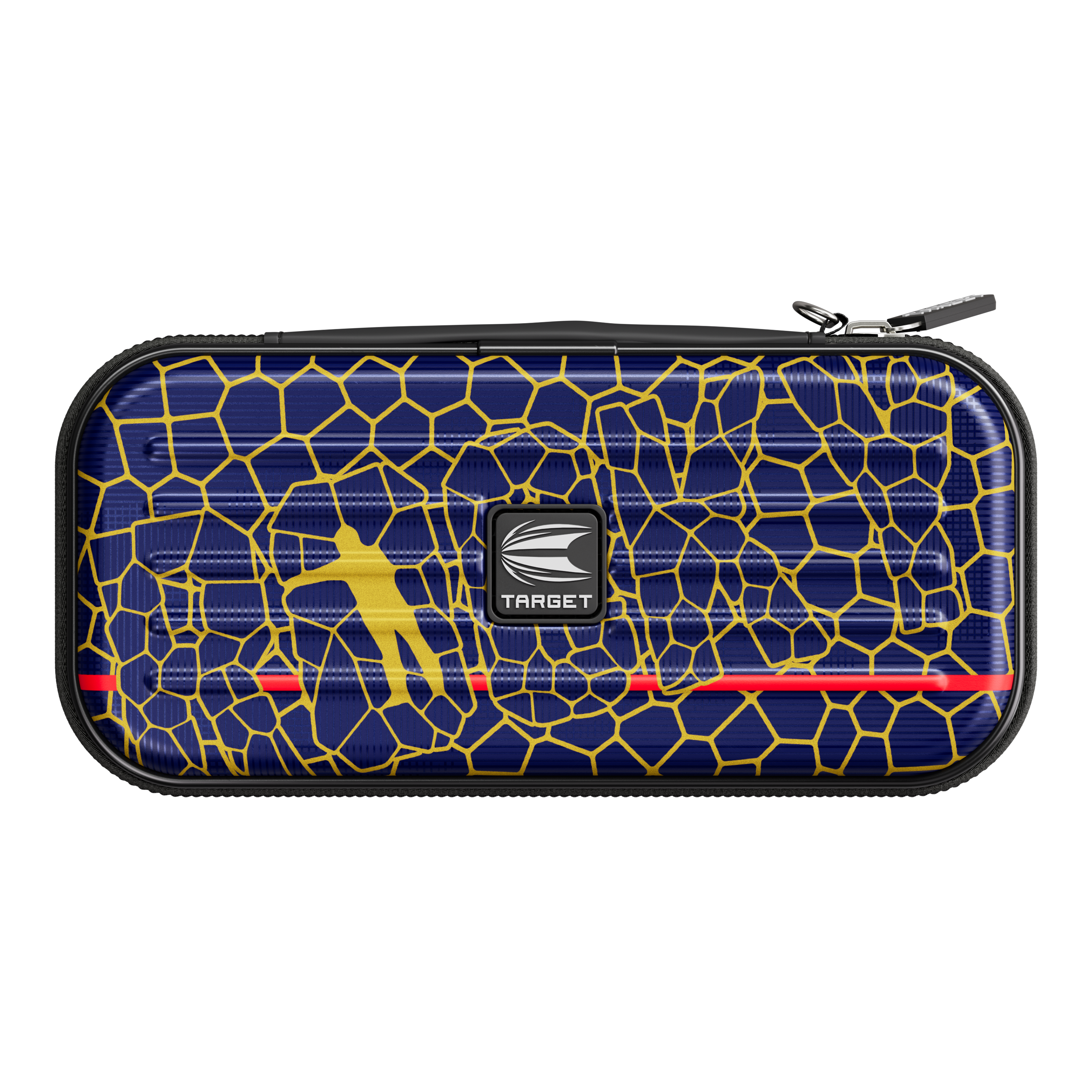 Estuche para dardos Target Takoma Josh Rock Das Bild zeigt ein Dartcase namens "Target Takoma Josh Rock Dartcase". Das Etui hat ein blaues Muster mit gelben Linien und einem gelben Dartspieler sowie dem Target-Logo in der Mitte.