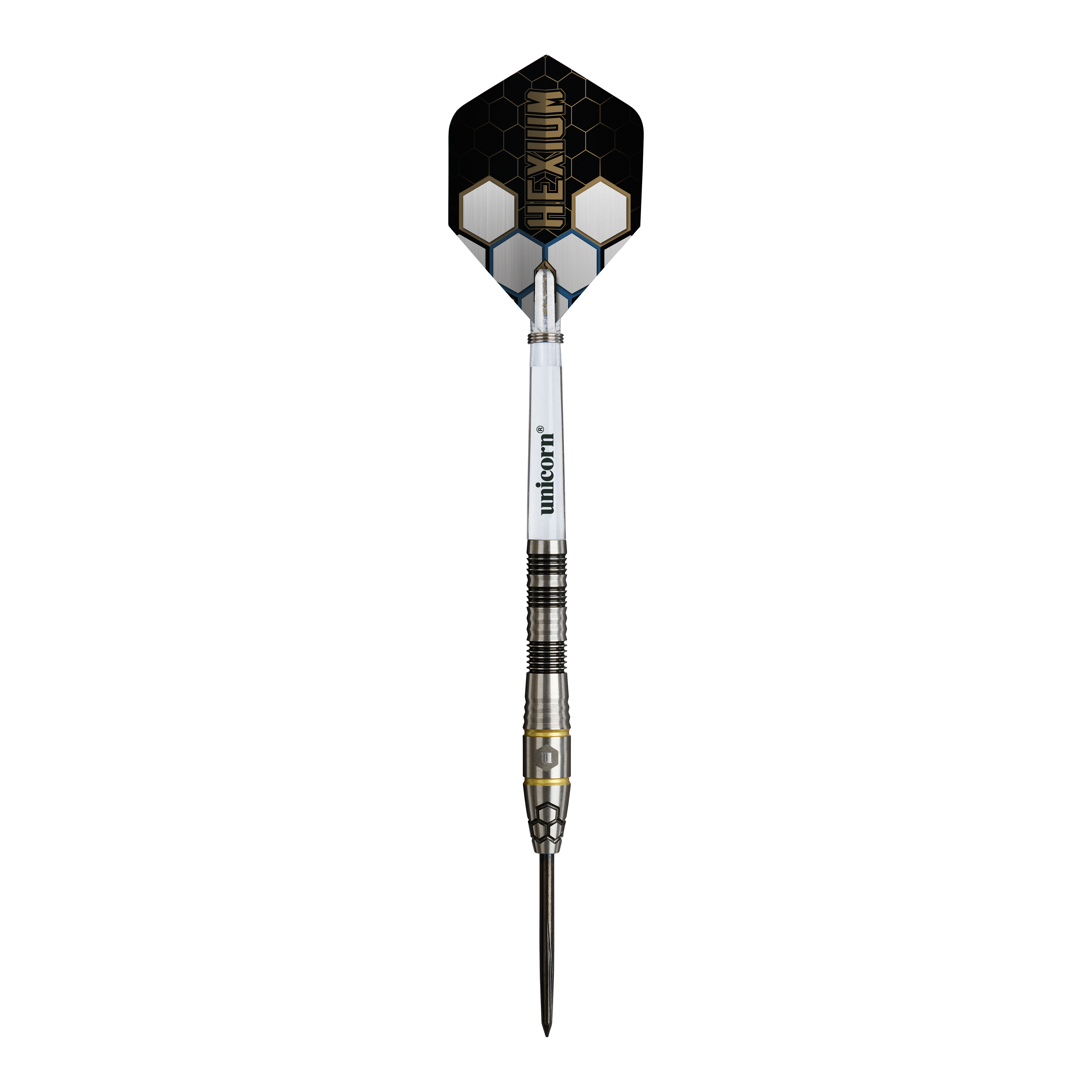 Dardos de acero Unicorn Hexium Style 01 negros y dorados Dieses Bild zeigt die Unicorn Hexium Style 01 Black & Gold Steeldarts. Die Steeldarts sind in den Farben Schwarz und Gold gestaltet.