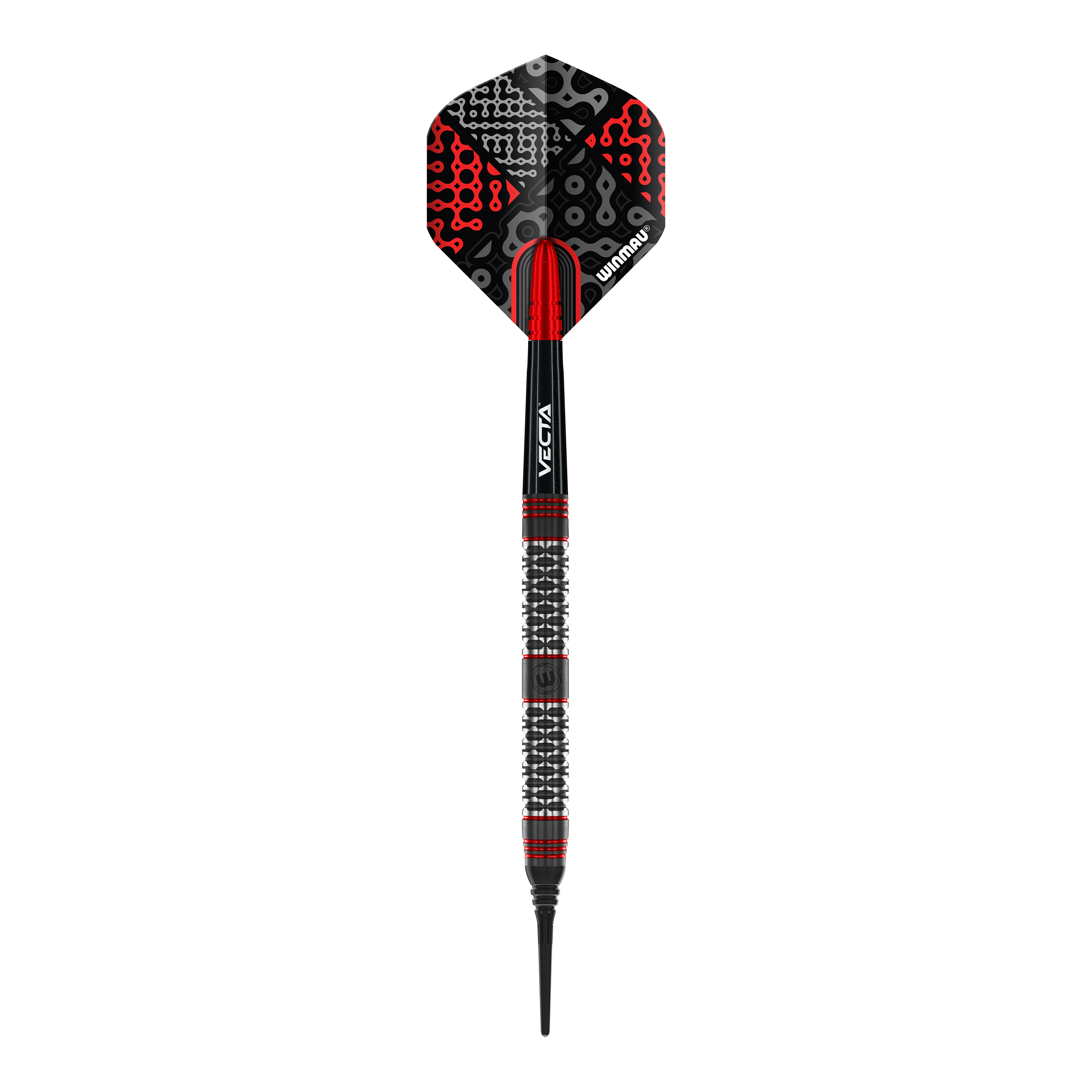 Dardos blandos Winmau Cypher - 20 g Das Bild zeigt einen Winmau Cypher Softdart mit einem Gewicht von 20 Gramm. Der Dart hat ein modernes Design in Schwarz, Rot und Silber.