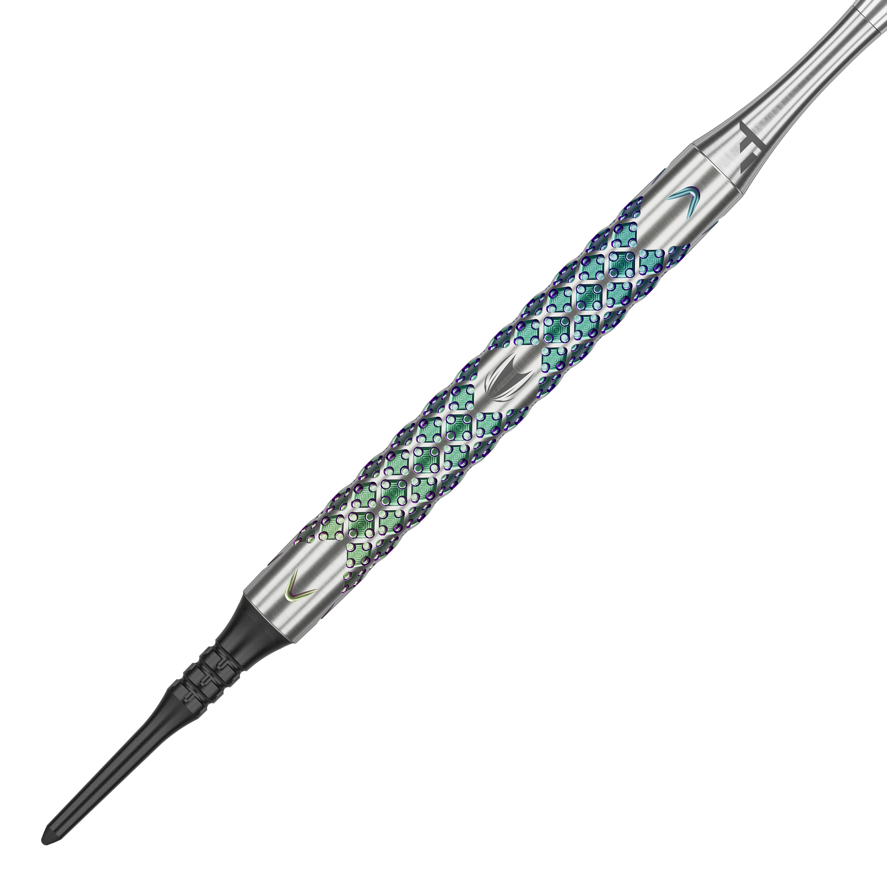 Dardos blandos Target Rove 10 Das Bild zeigt einen Target Rove 10 Softdart mit einem metallischen, bunt schimmernden Griff. Das Design weist eine strukturierte Oberfläche mit feinen Mustern auf.