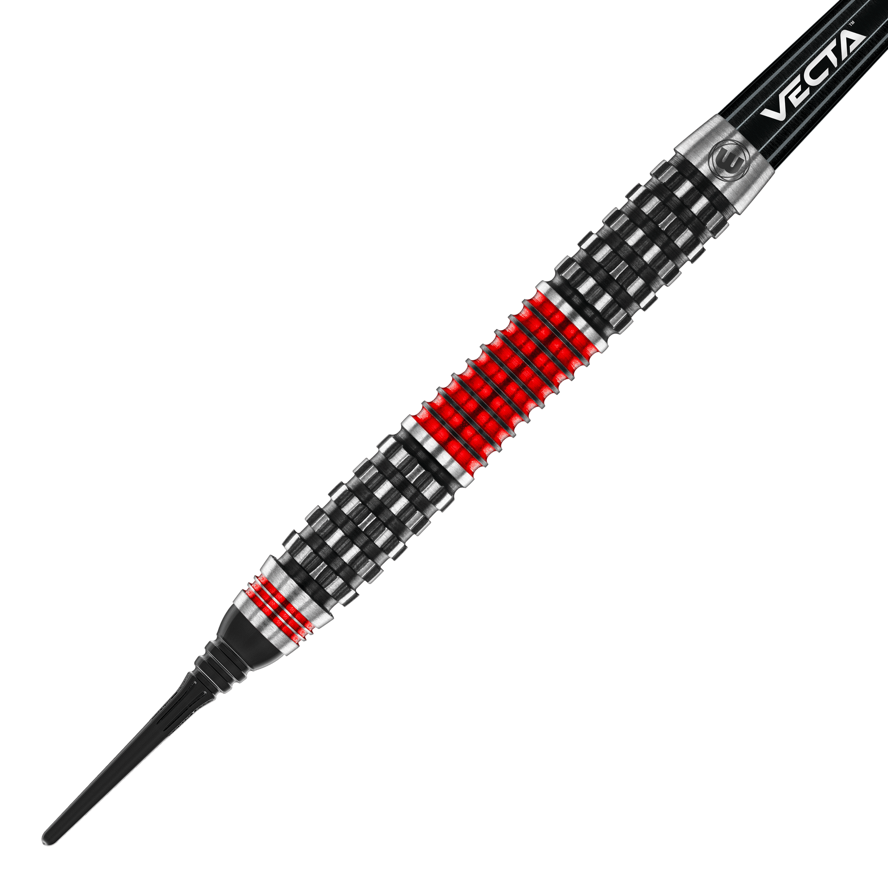 Dardos blandos Winmau Joe Cullen Rockstar Series RS1 - 20 g Dies ist ein Softdart aus der Winmau Joe Cullen Rockstar Series RS1 mit einem Gewicht von 20g. Der Dart hat ein auffälliges Design mit schwarzen, silbernen und roten Ringen am Barrel.