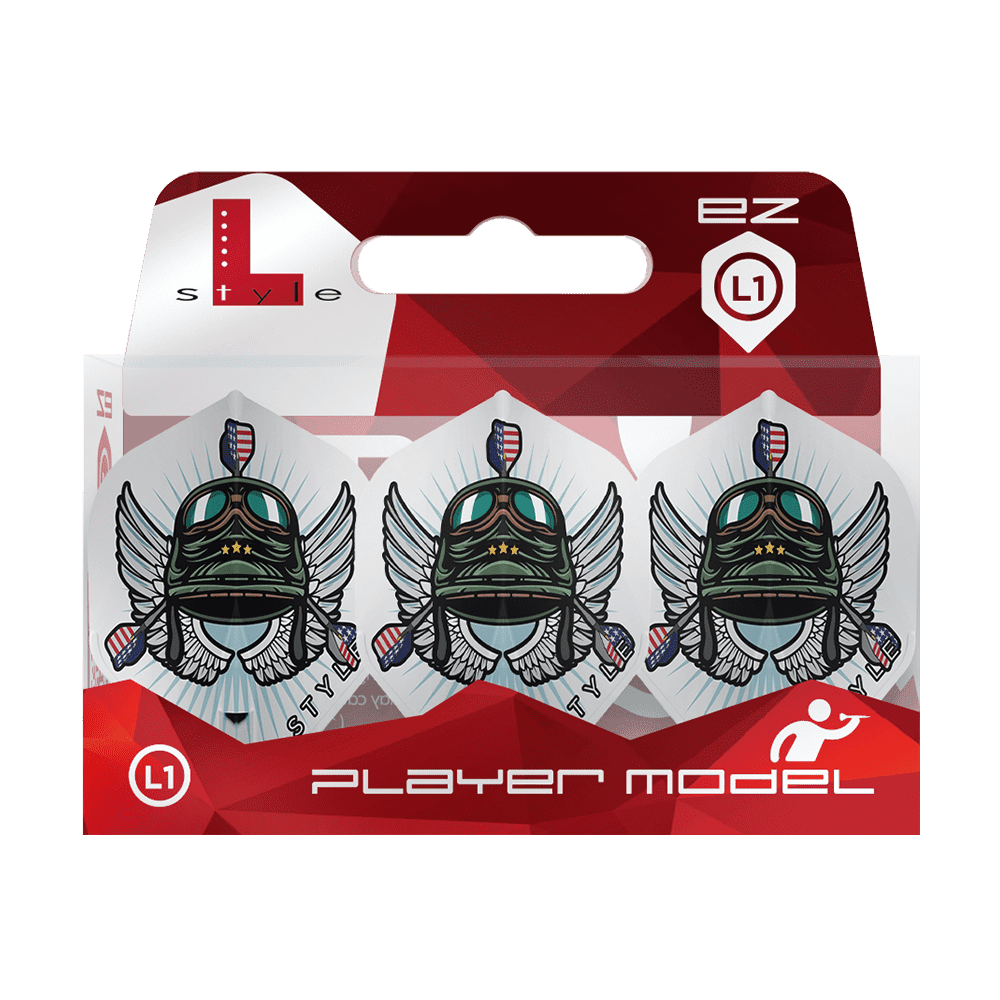 L-Style_Leonard_Gates_V3_White_L1EZ_Flights_3 Das Bild zeigt die L-Style Leonard Gates V3 White L1EZ Flights in einer Verpackung. Die Flights haben ein auffälliges Design mit einem geflügelten Helm und bunten Details.