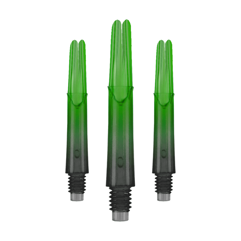 Das Bild zeigt drei grüne, transparente Dartschäfte mit Gewinde am unteren Ende. Die Schäfte sind gerade und haben einen leichten Farbverlauf von grün zu schwarz.