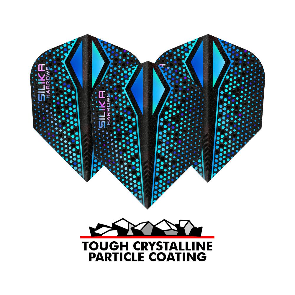 Plumas Harrows Silika Colorshift con revestimiento cristalino resistente Blue-X No6 Das Bild zeigt drei blaue Harrows Silika Colourshift Tough Crystalline Coating Blue-X No6 Flights. Darunter steht der Schriftzug "Tough Crystalline Particle Coating" mit einer Grafik von Kristallteilchen.