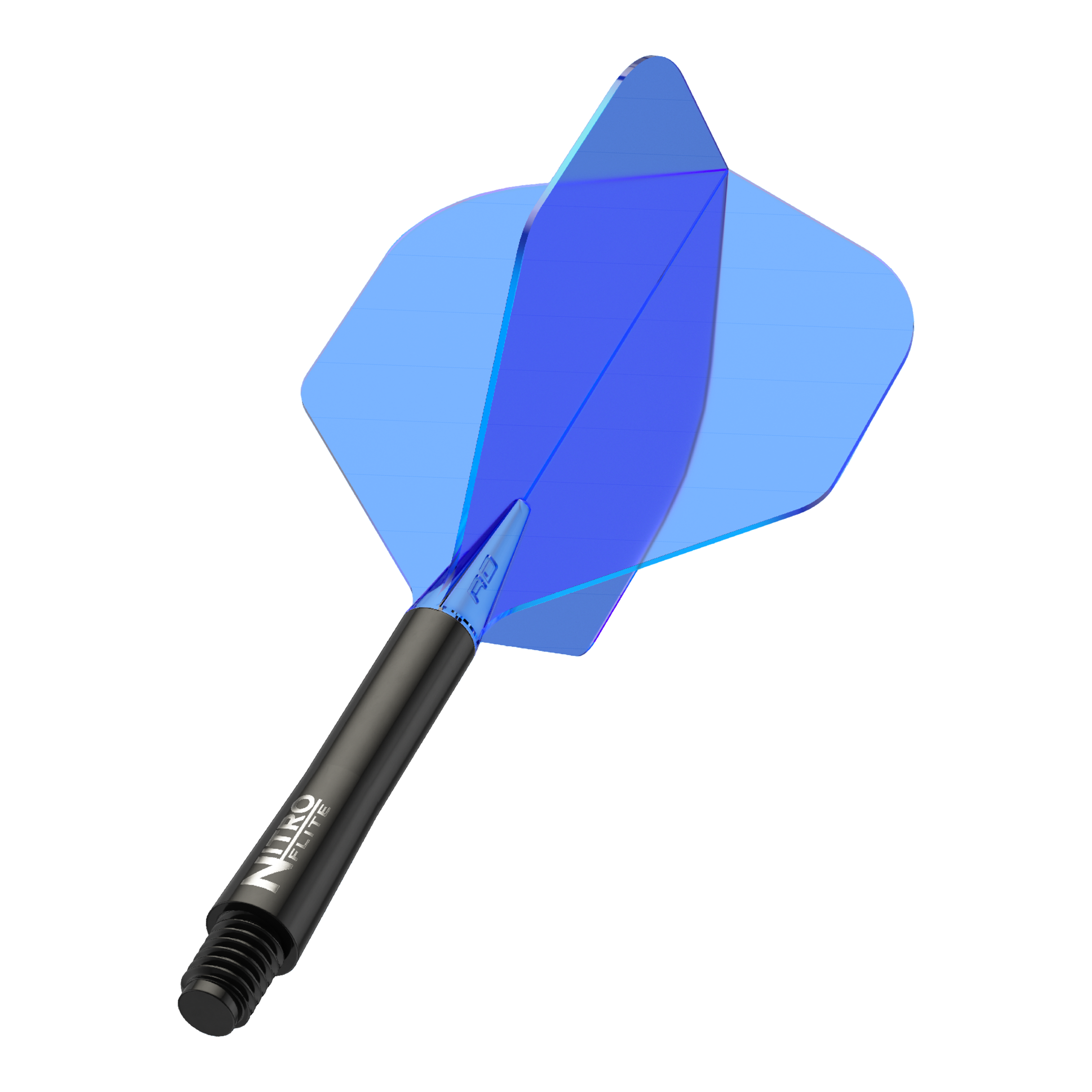Das Bild zeigt einen blauen Dart-Flügel mit einem schwarzen Schaft. Auf dem Schaft steht der Schriftzug „Nitro Flite“.