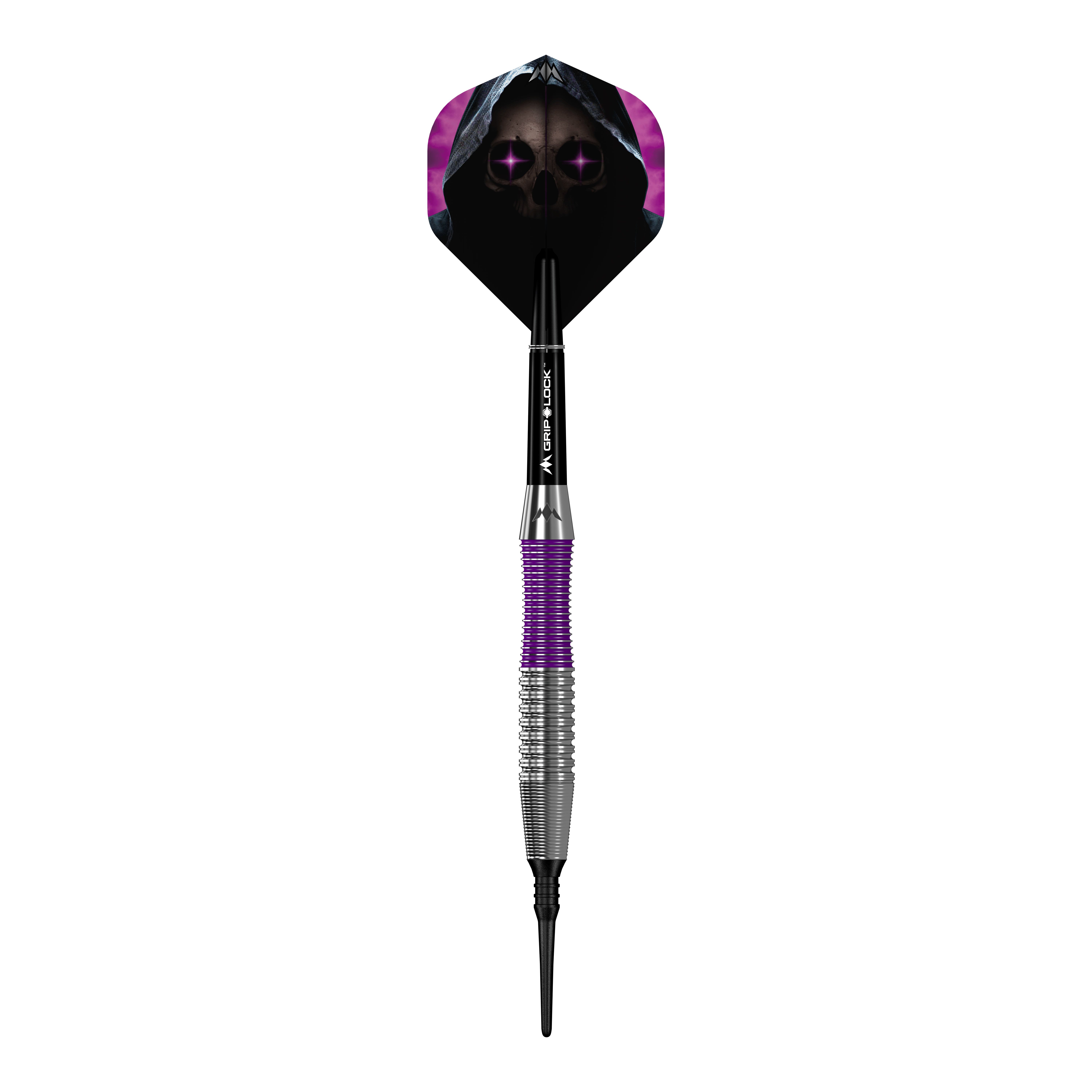 Dardos blandos Mission Phantom de latón - 18 g Der Mission Phantom Brass Softdart - 18g hat ein markantes Design mit lila und silbernem Griff. Das Dartflight zeigt ein gruseliges Totenkopf-Motiv mit violetten Augen und Kapuze.