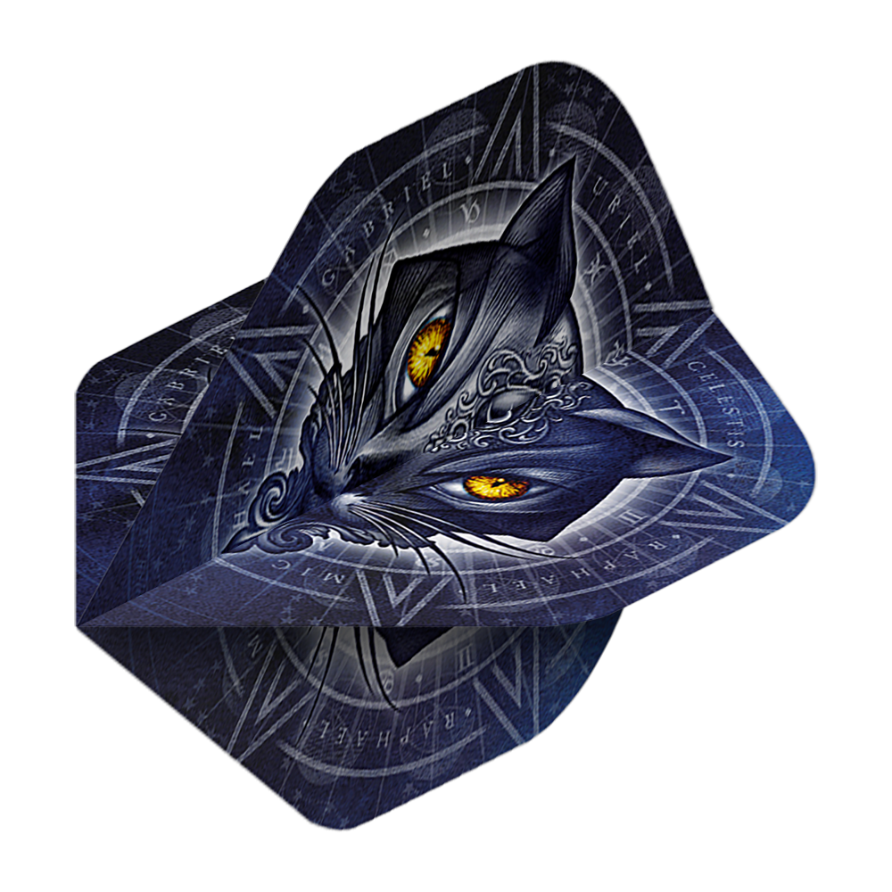 Vuelos estándar Alchemy Star Of Ailouros No2 Das Bild zeigt das Produkt „Alchemy Star Of Ailouros No2 Standard Flights“. Auf dem Flight ist ein dunkelblaues Katzenmotiv mit leuchtend gelben Augen und mystischen Symbolen abgebildet.