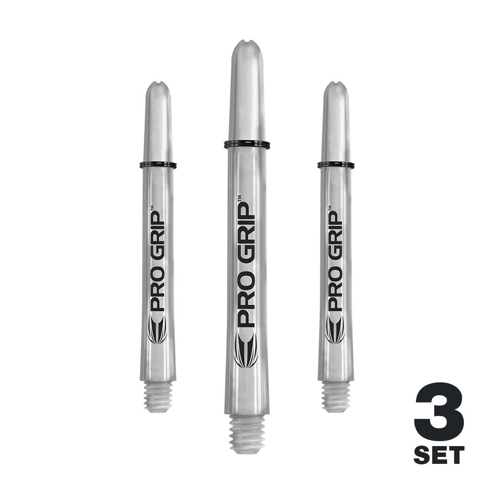 Varillas Target Pro Grip - 3 juegos - Transparentes Das Bild zeigt drei transparente "Pro Grip" Shafts für Dartpfeile. In der rechten unteren Ecke steht "3 Set".